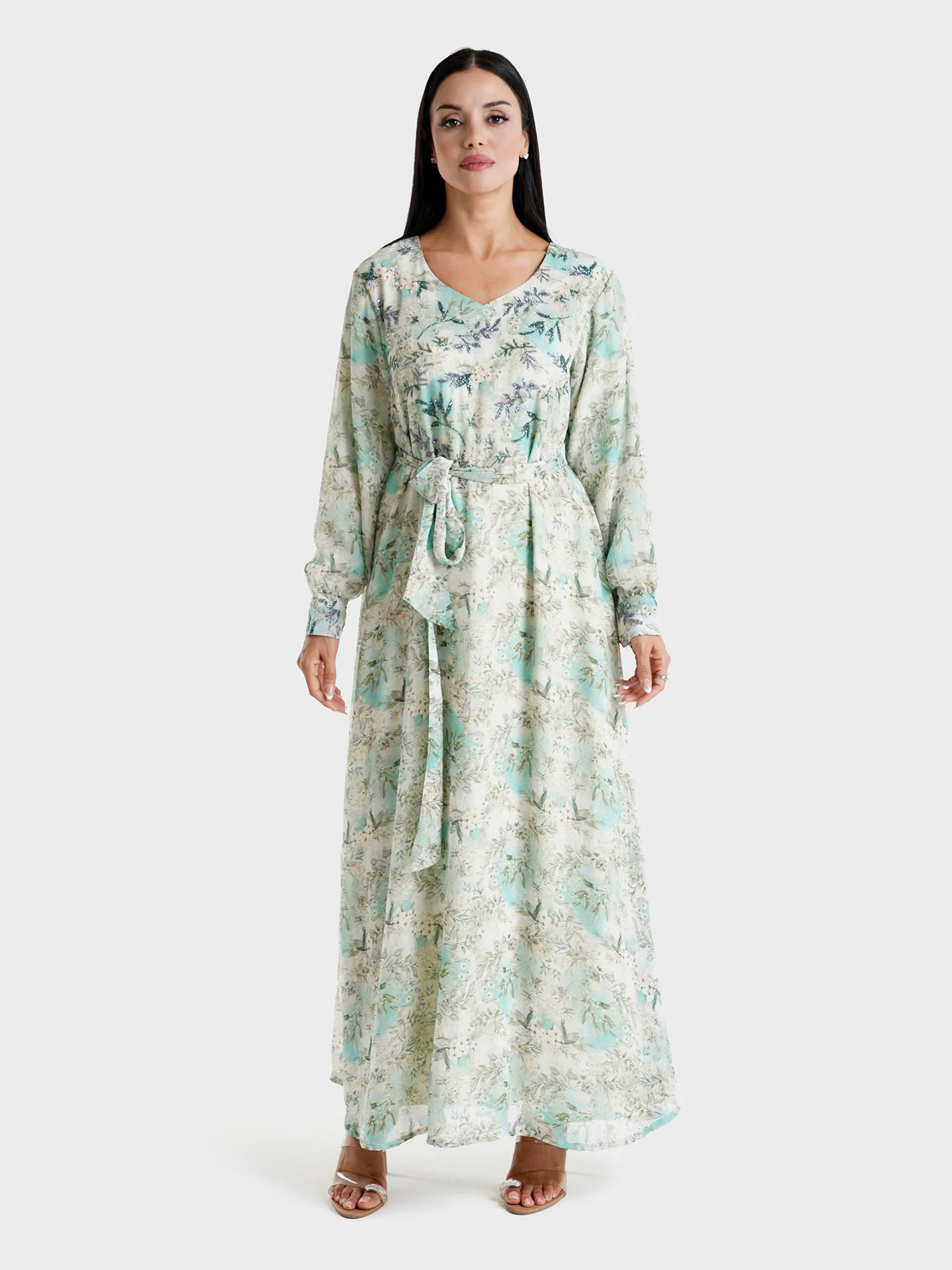 Green Floral Printed Chiffon Hand Work Maxi Dress (VW214) - Image 2