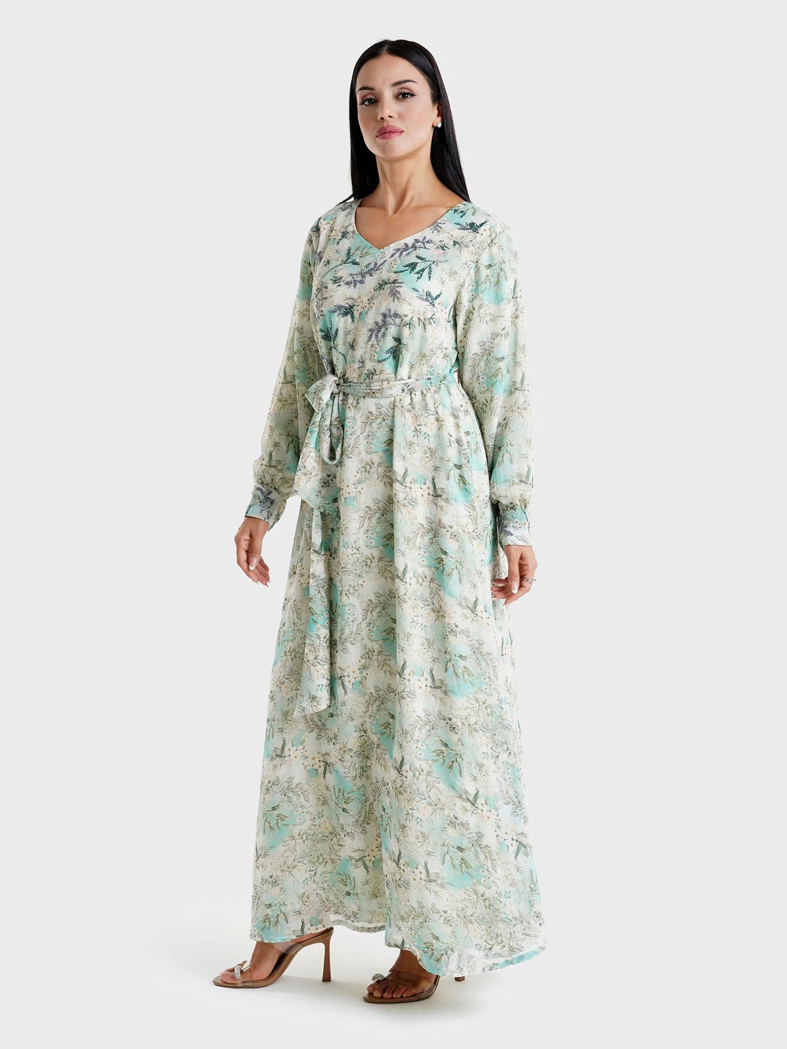 Green Floral Printed Chiffon Hand Work Maxi Dress (VW214) - Image 3