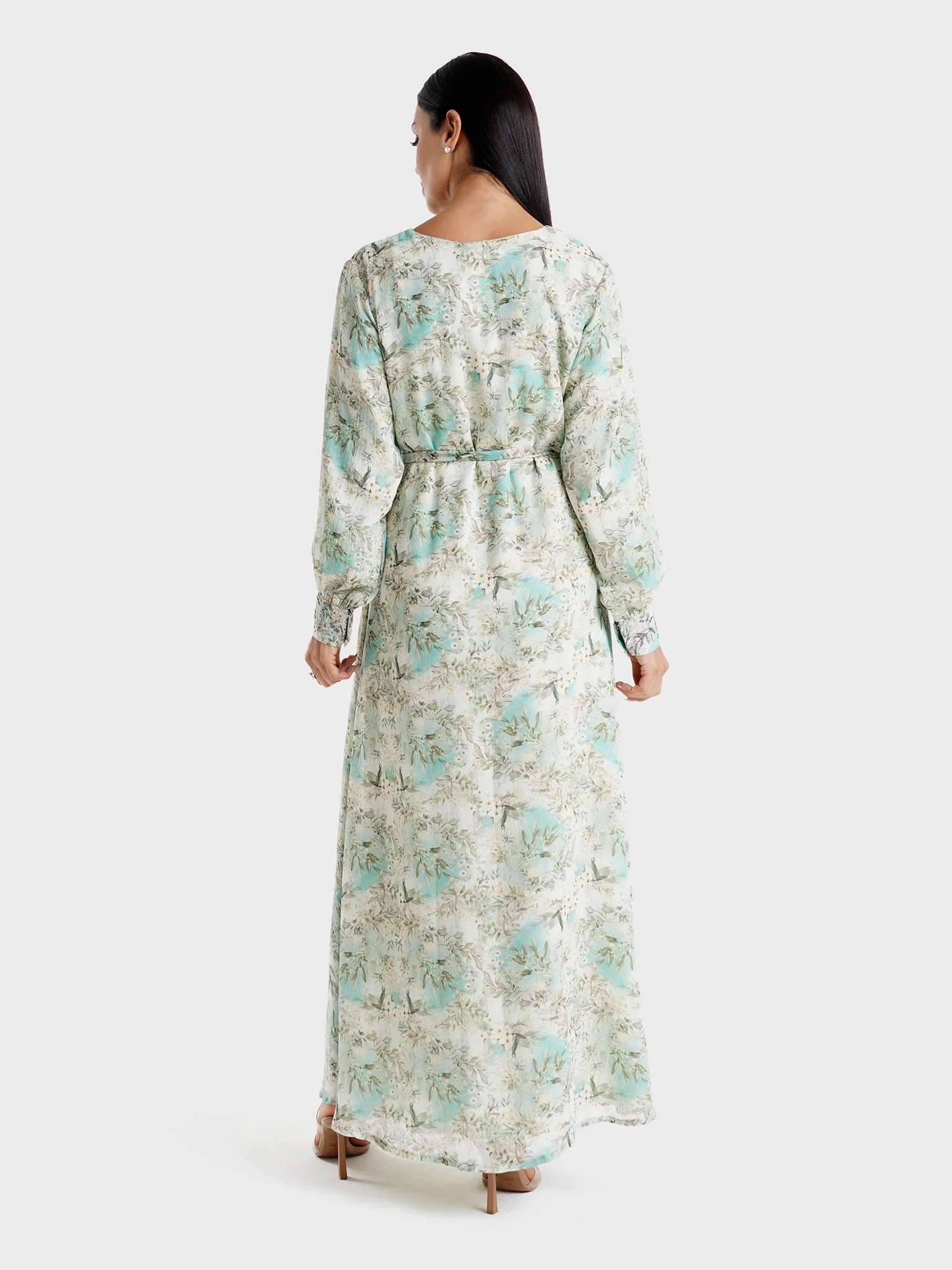 Green Floral Printed Chiffon Hand Work Maxi Dress (VW214) - Image 4