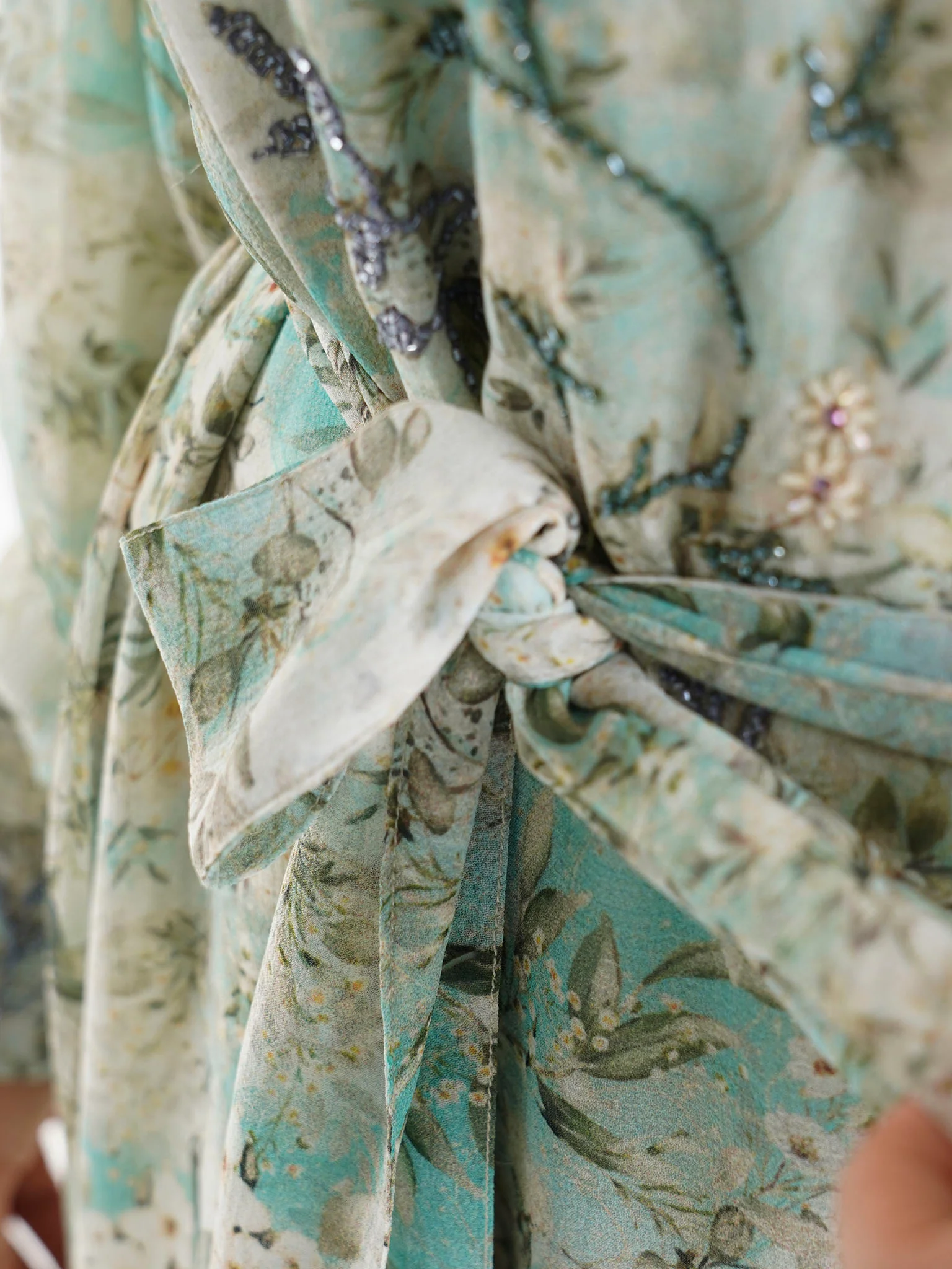 Green Floral Printed Chiffon Hand Work Maxi Dress (VW214) - Image 6