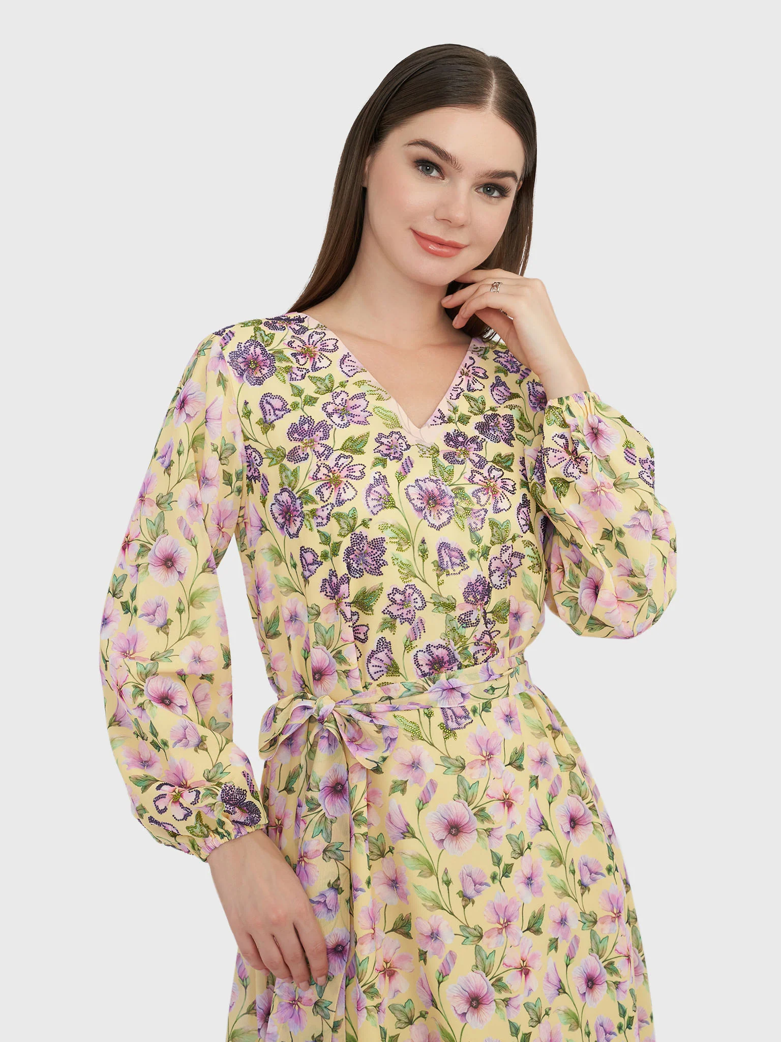 Yellow Georgette Maxi Dress with Purple Flowers (VW237)