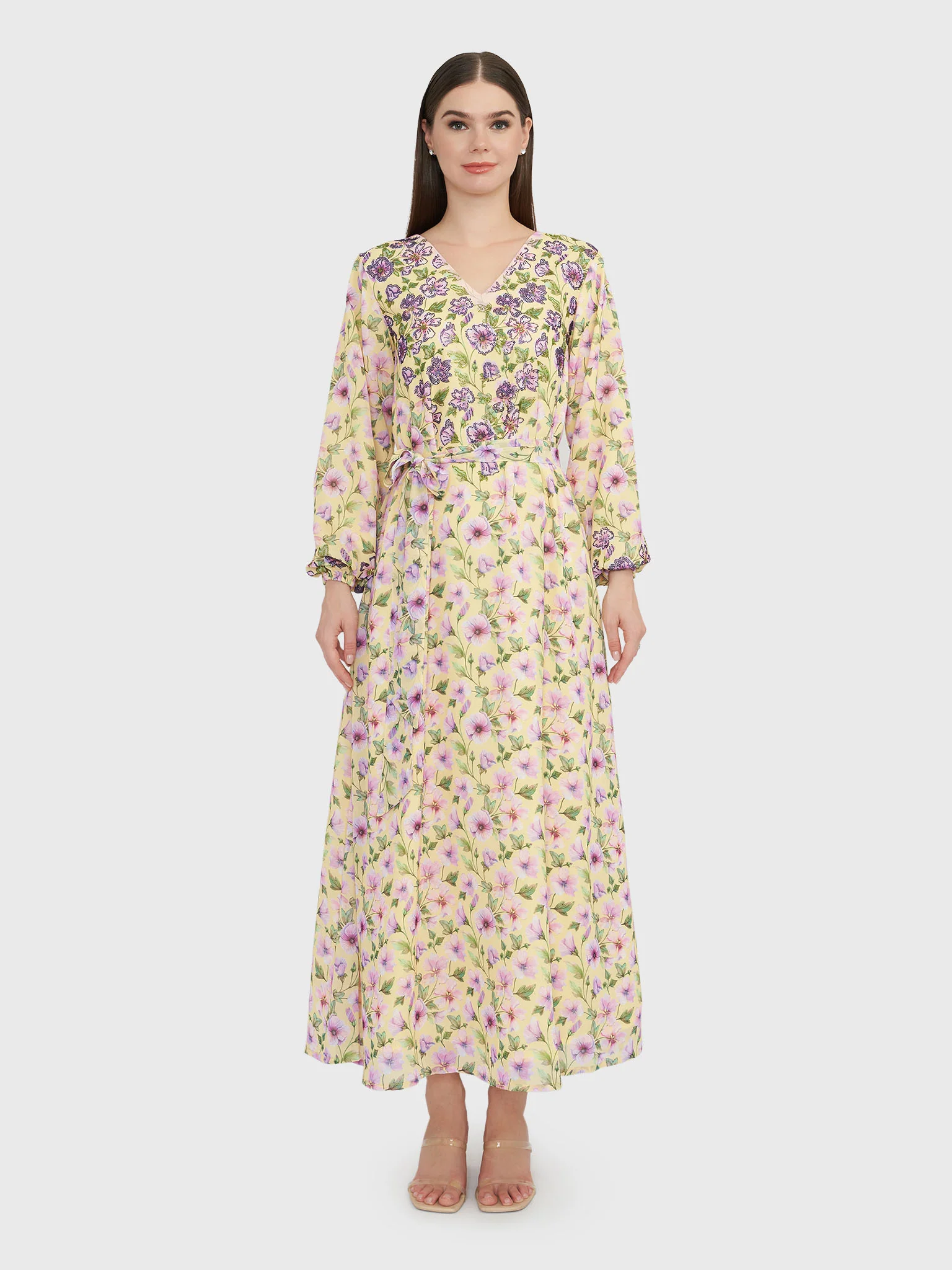 Yellow Georgette Maxi Dress with Purple Flowers (VW237) - Image 2