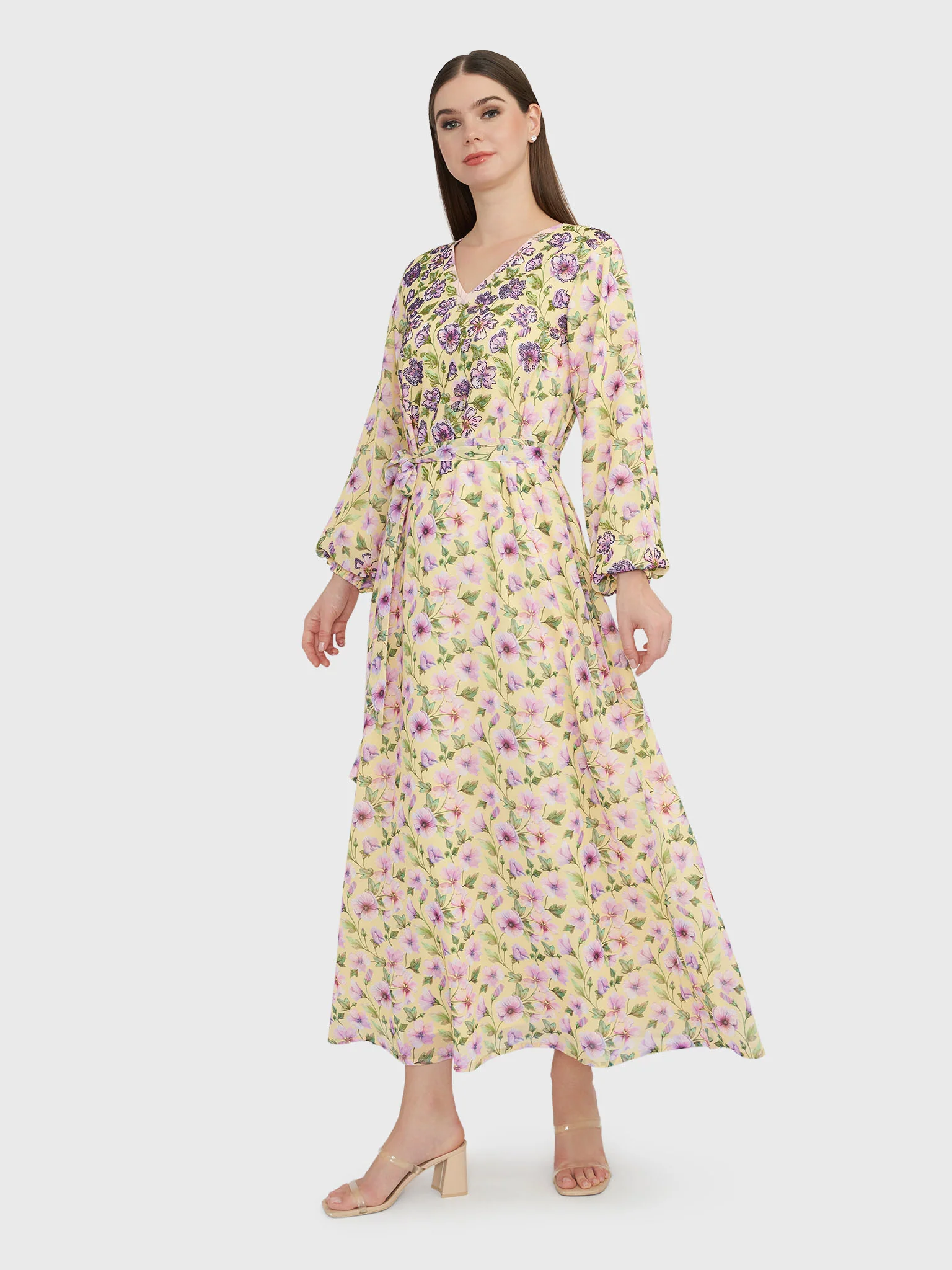 Yellow Georgette Maxi Dress with Purple Flowers (VW237) - Image 3