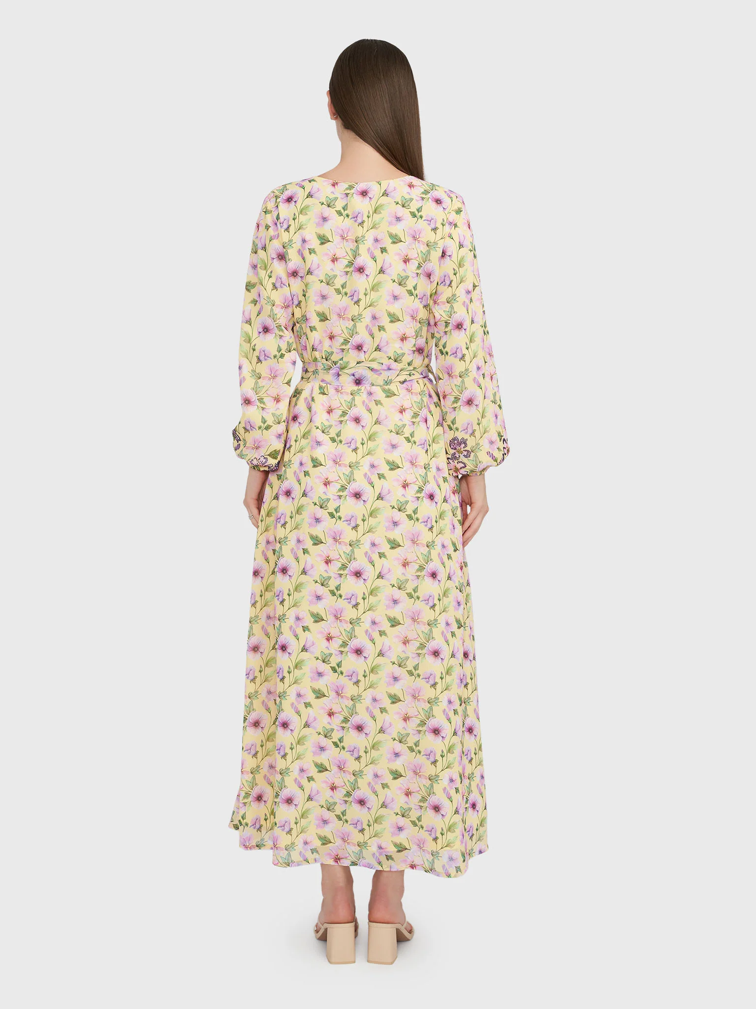 Yellow Georgette Maxi Dress with Purple Flowers (VW237) - Image 4