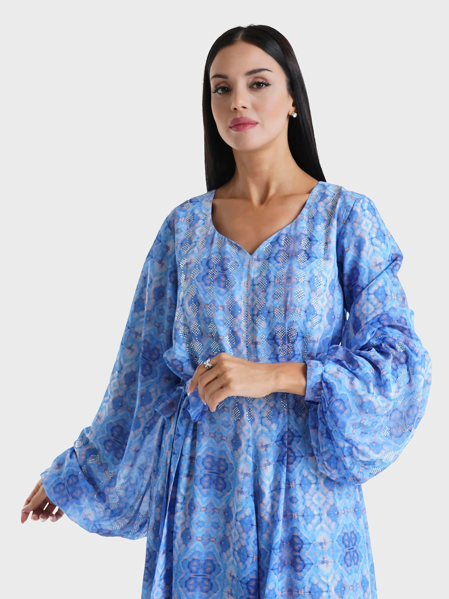 Blue Abstract Printed Faux Georgette Stone Work Maxi Dress (VW250)