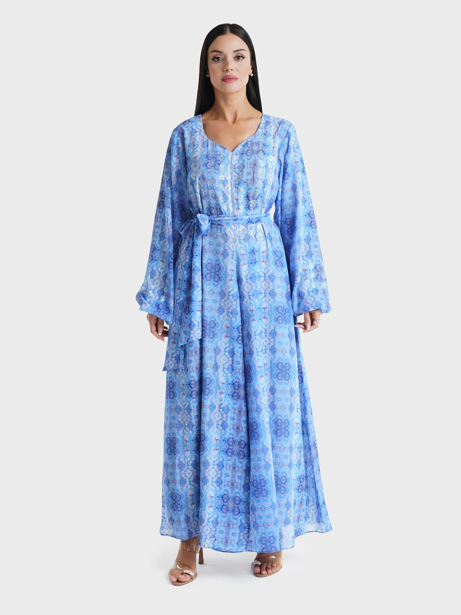Blue Abstract Printed Faux Georgette Stone Work Maxi Dress (VW250) - Image 2