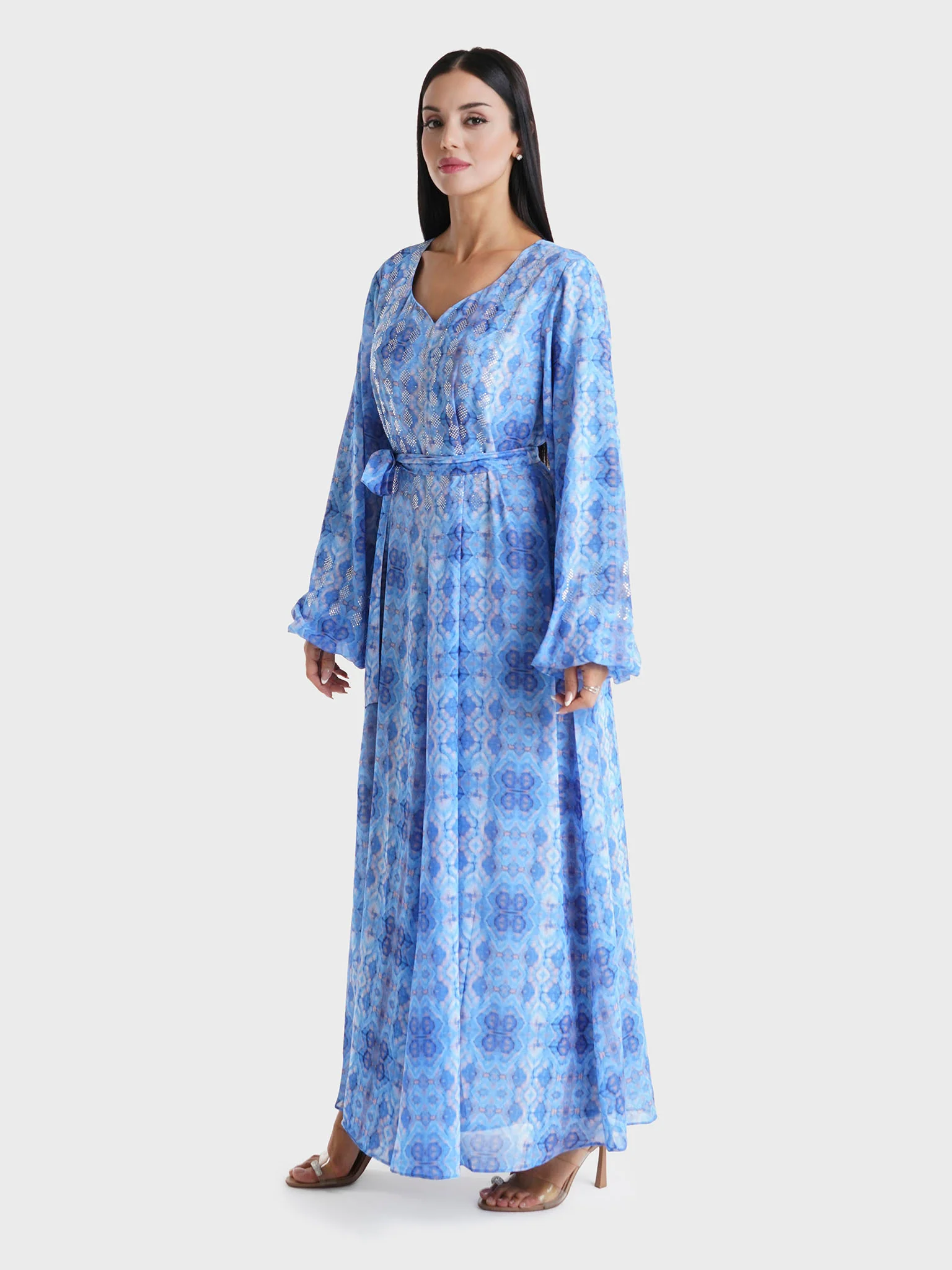 Blue Abstract Printed Faux Georgette Stone Work Maxi Dress (VW250) - Image 3