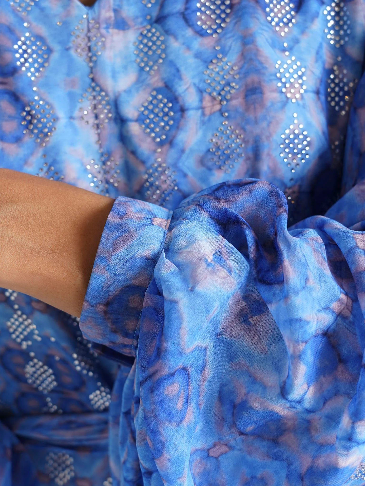Blue Abstract Printed Faux Georgette Stone Work Maxi Dress (VW250) - Image 5