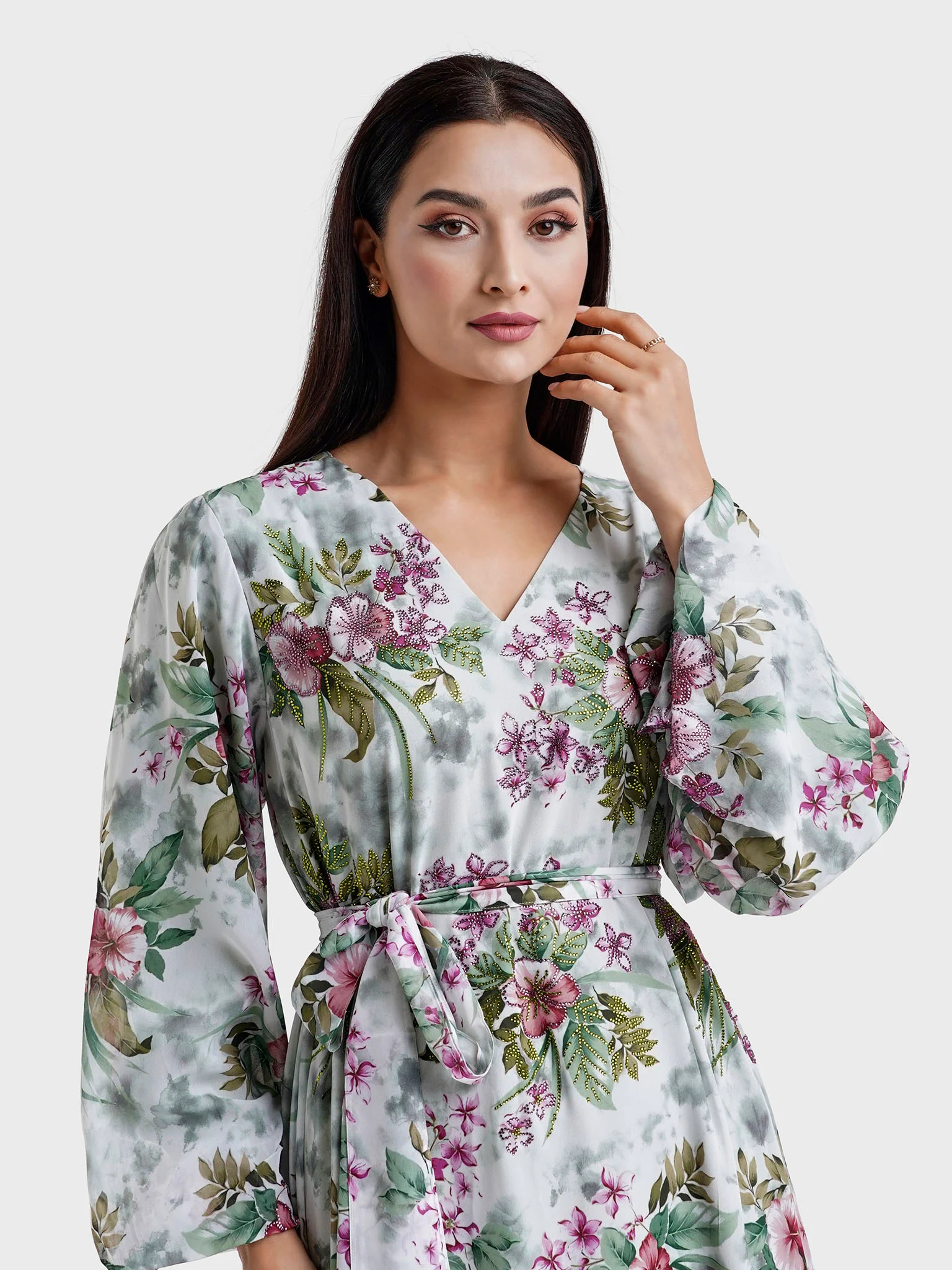 Grey Georgette Digital Floral Print Dress (VY02)