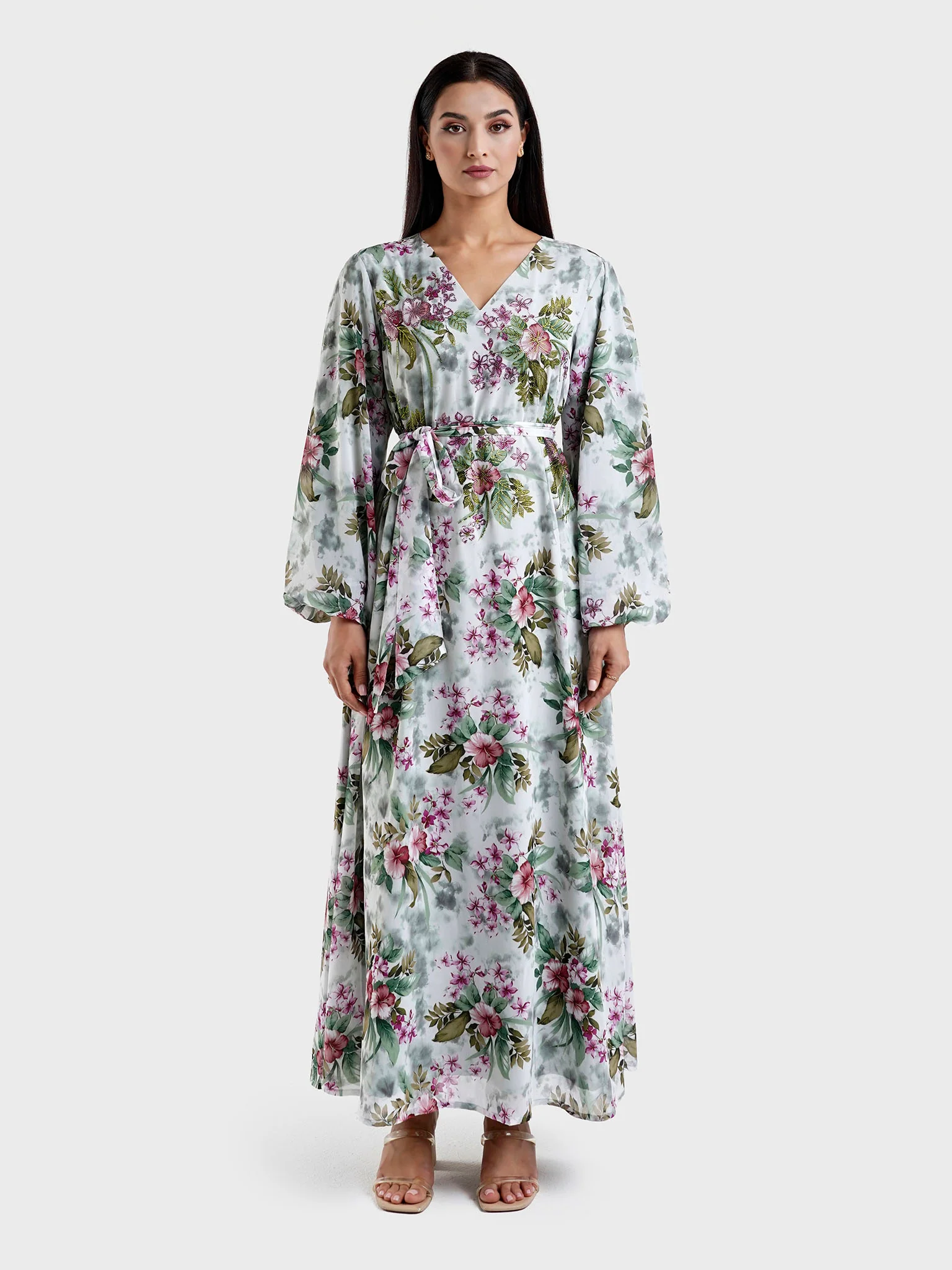 Grey Georgette Digital Floral Print Dress (VY02) - Image 2