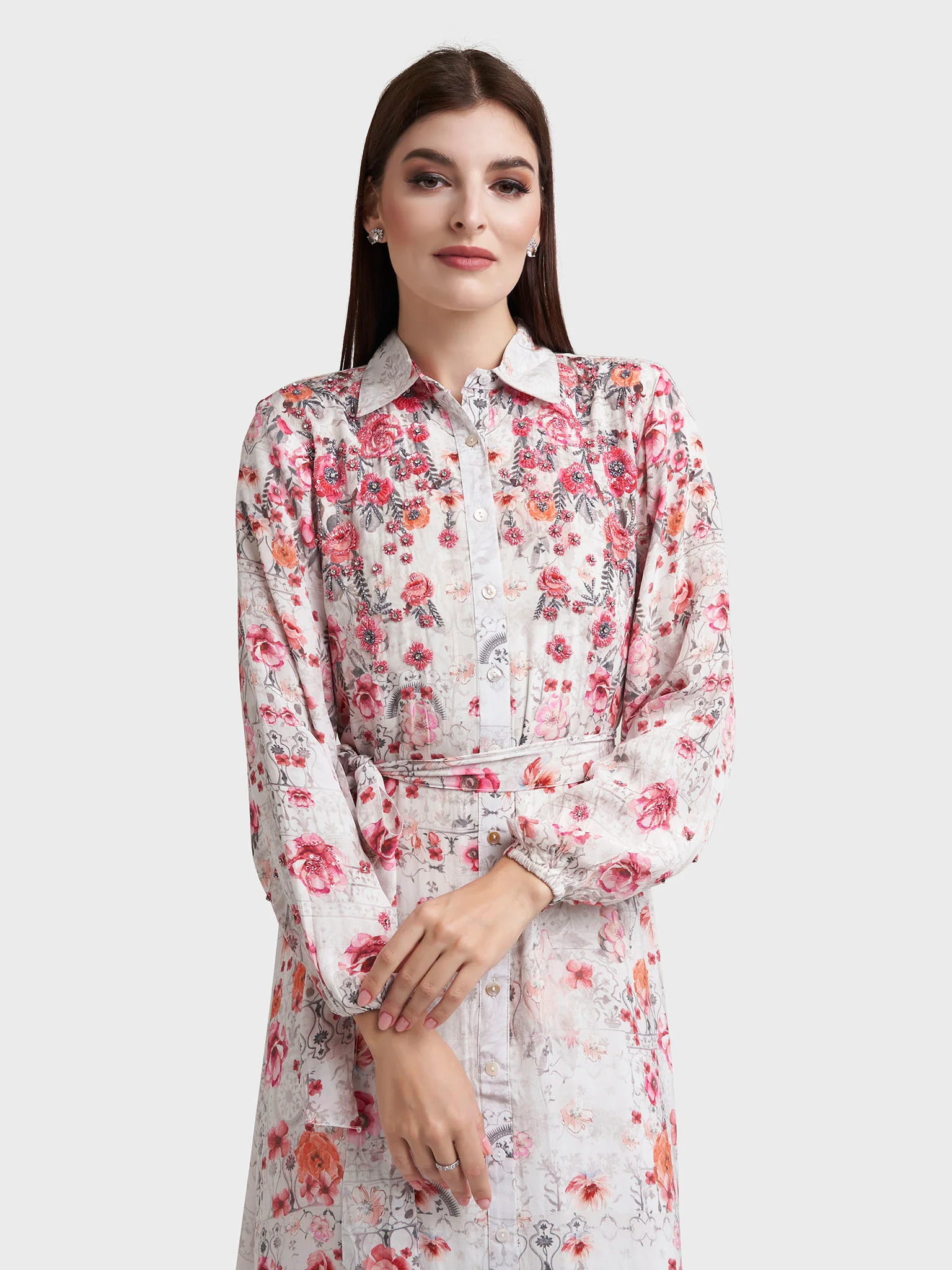 White Viscose Crepe Floral Print Shirt Dress (VDE358)