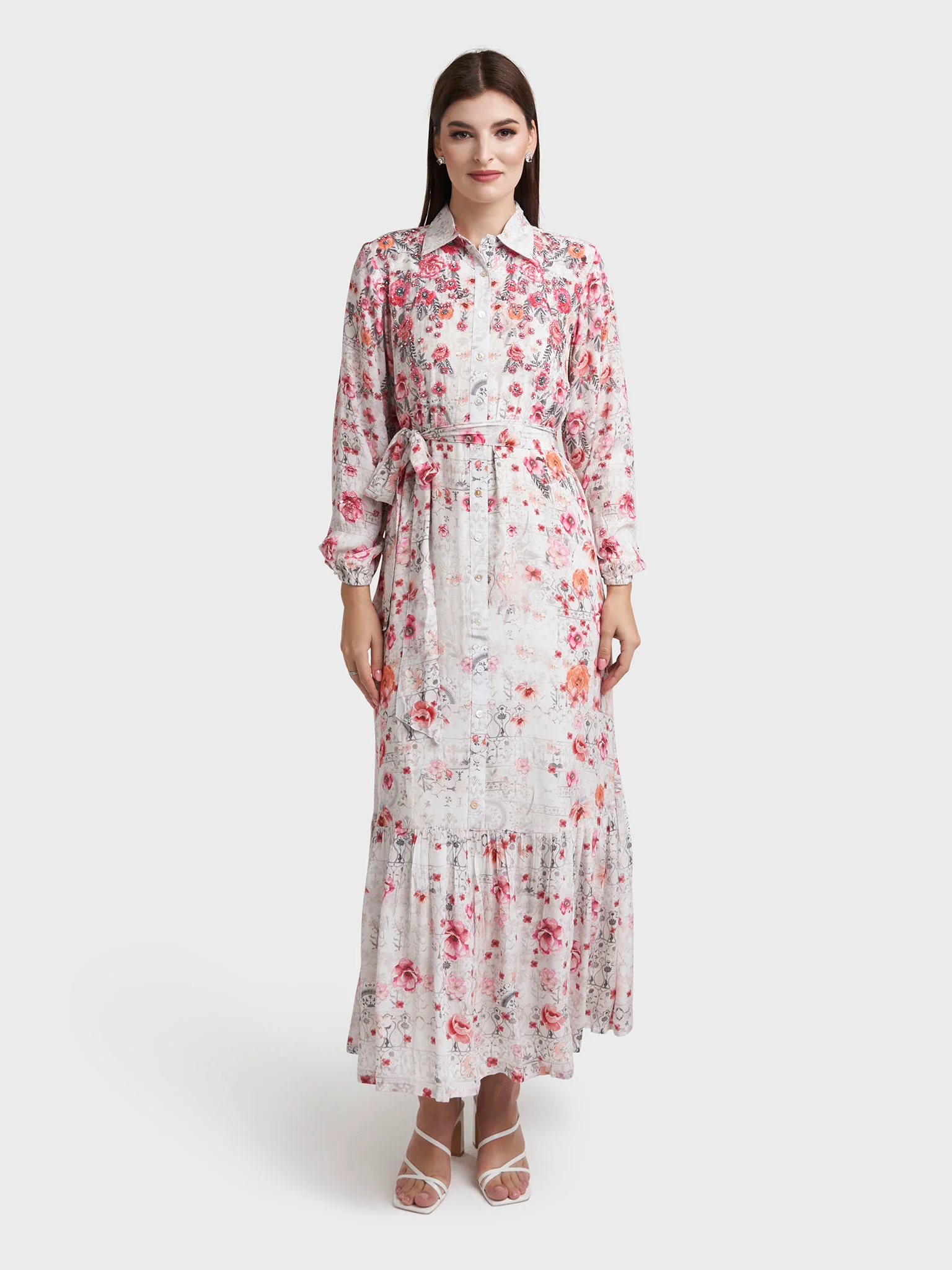 White Viscose Crepe Floral Print Shirt Dress (VDE358) - Image 2