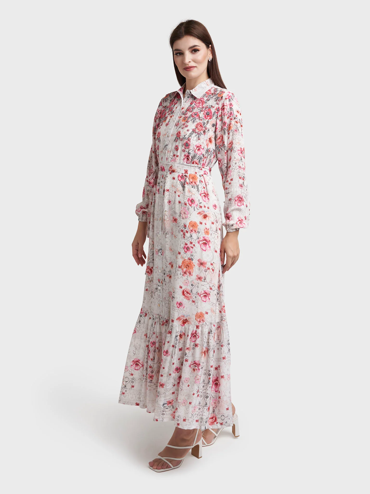 White Viscose Crepe Floral Print Shirt Dress (VDE358) - Image 4