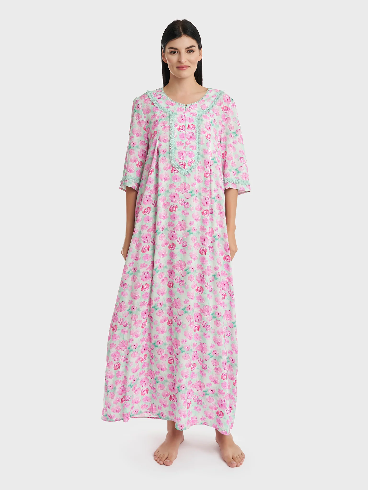 Three Fourth Sleeve Rayon Printed Nighty (CNH429) - Image 2