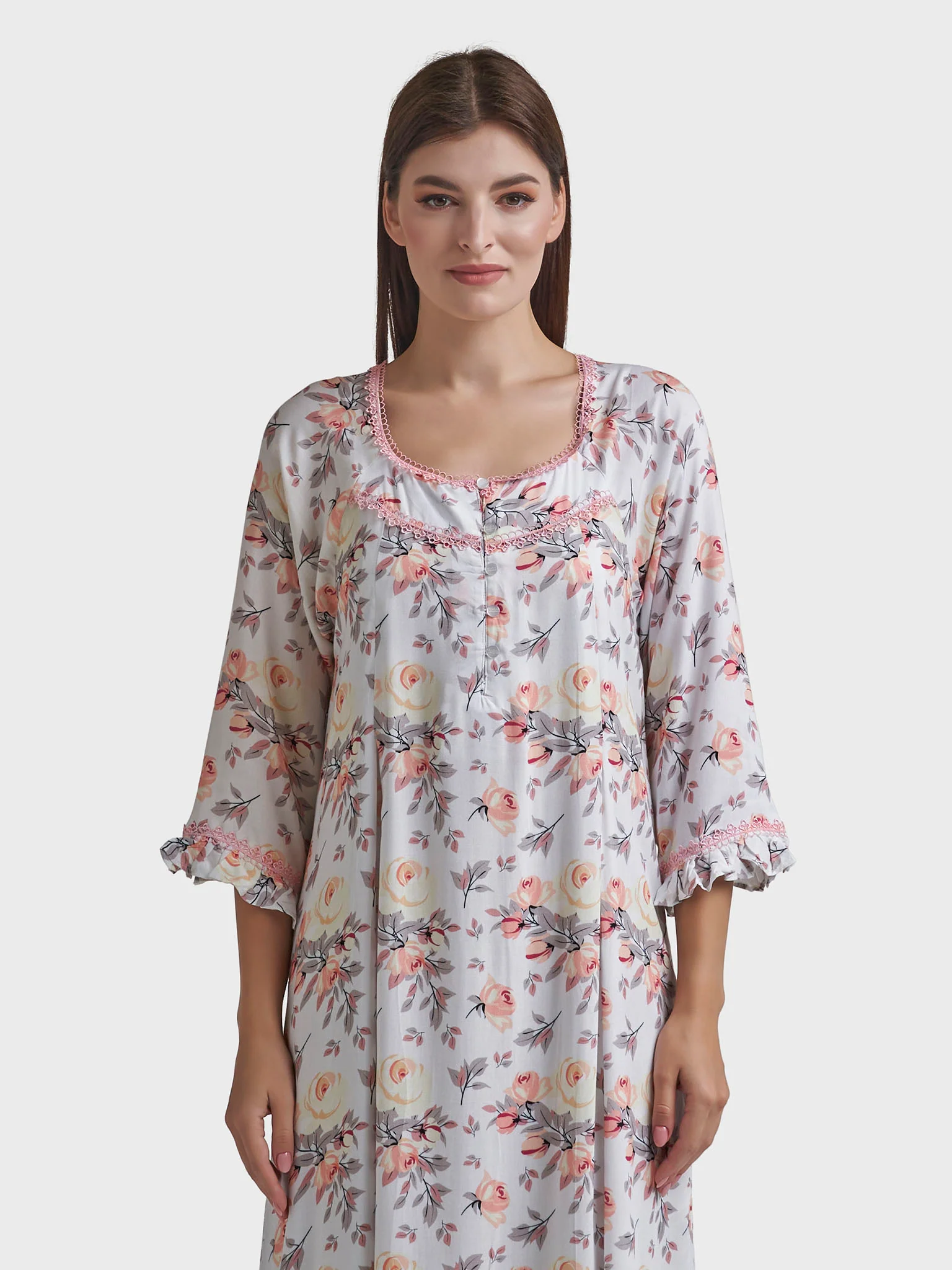 White Rayon Floral Print Long Nightwear Dress (REM2861)