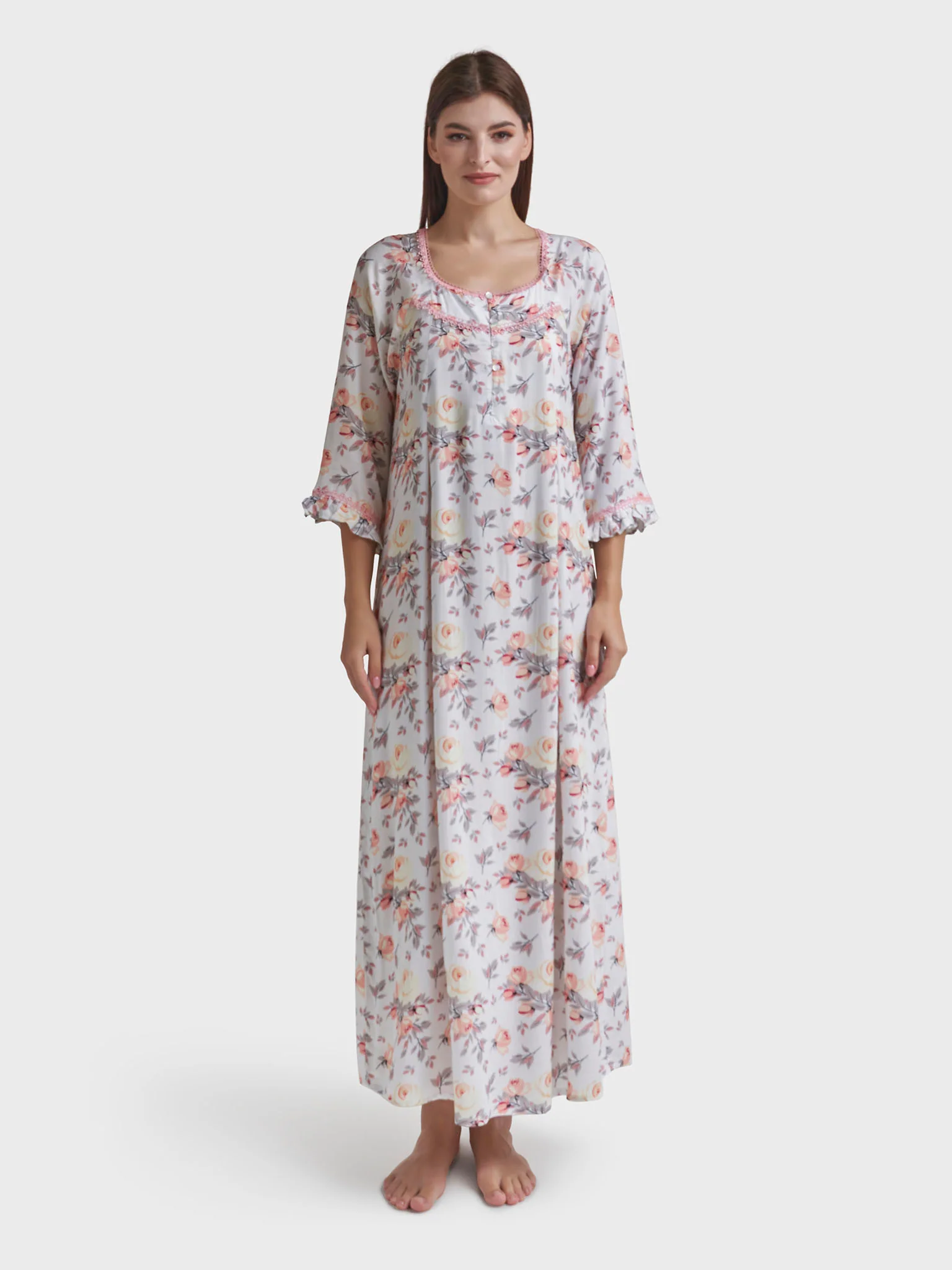 White Rayon Floral Print Long Nightwear Dress (REM2861) - Image 2