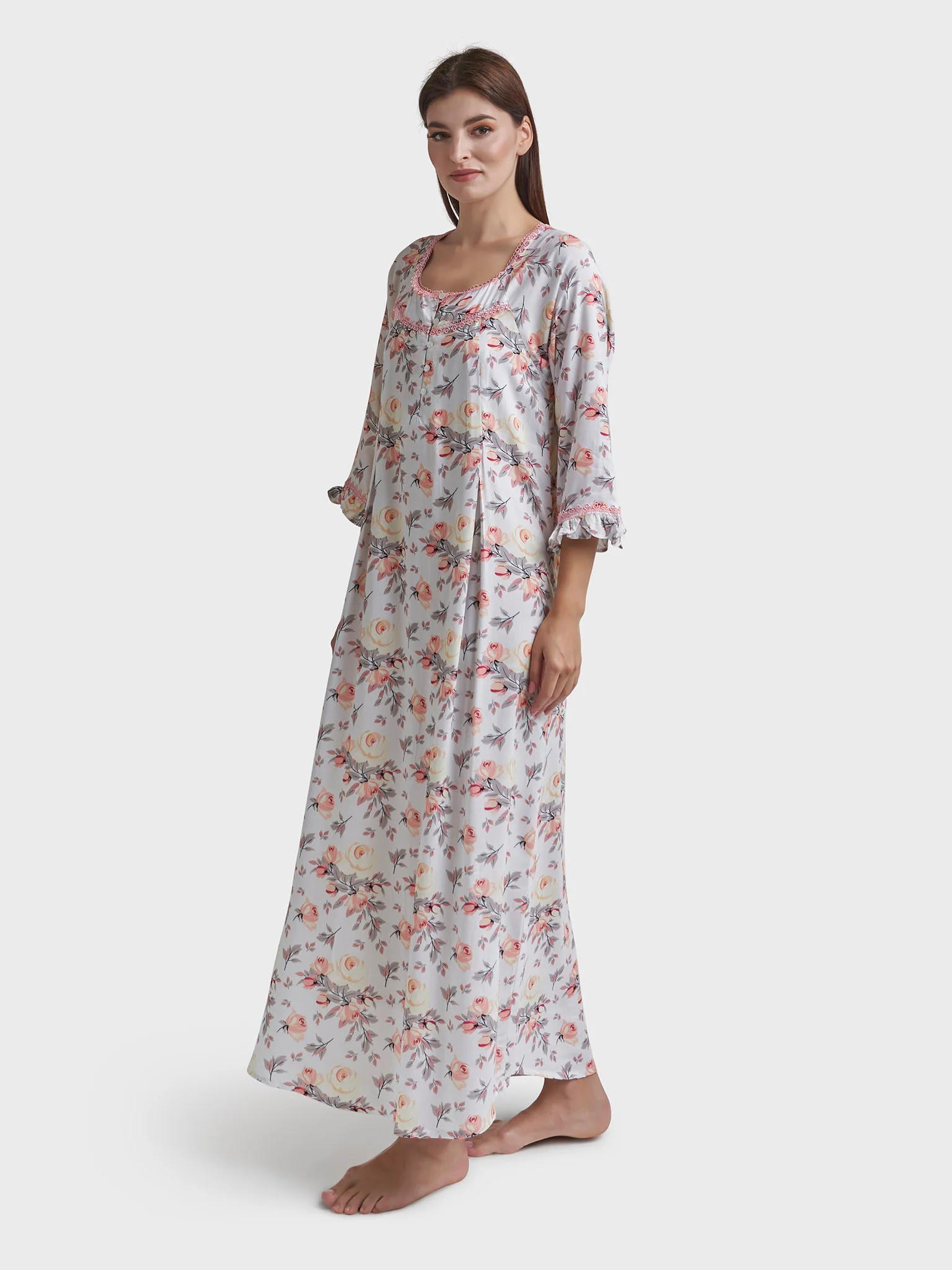 White Rayon Floral Print Long Nightwear Dress (REM2861) - Image 3