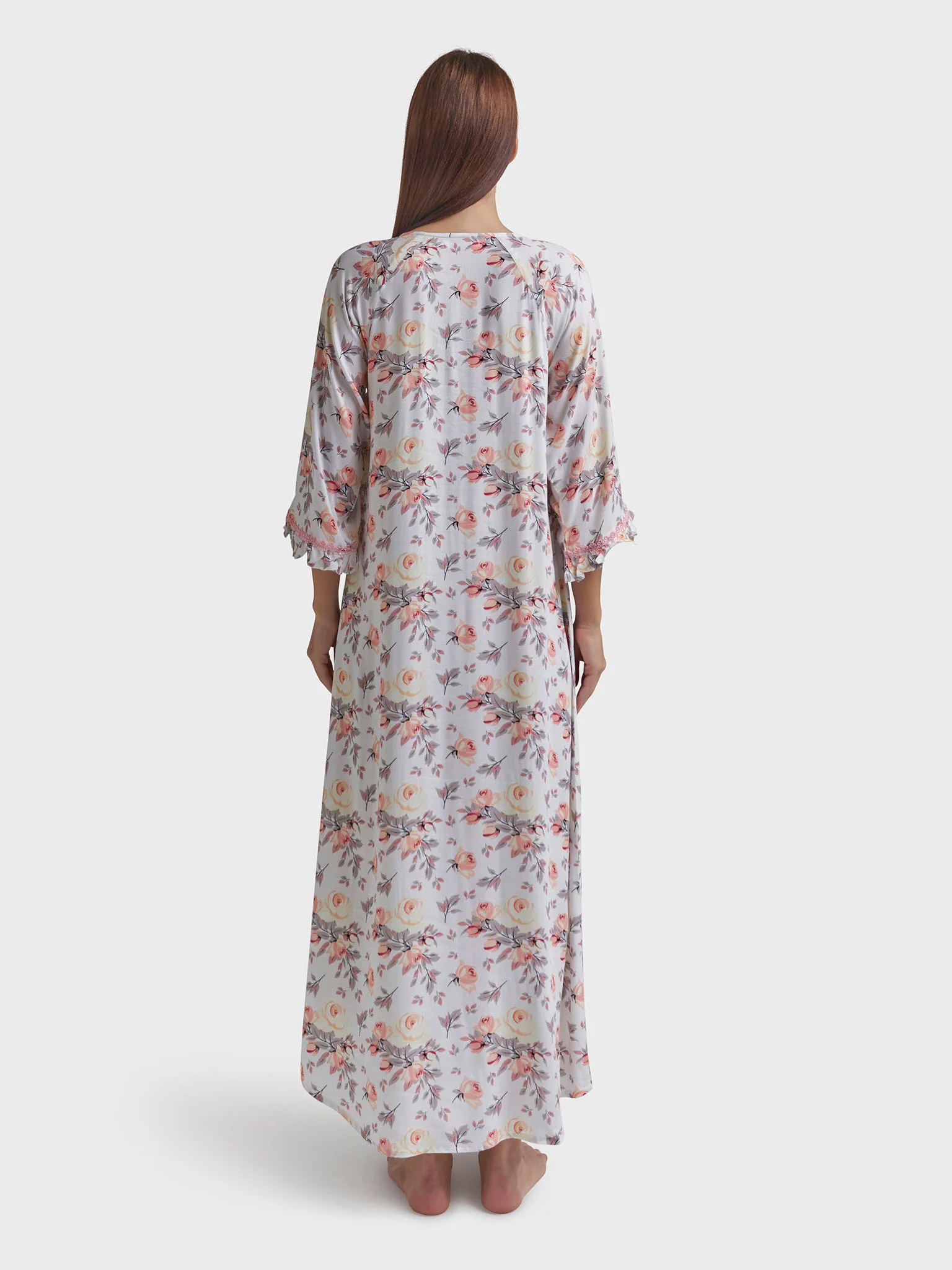 White Rayon Floral Print Long Nightwear Dress (REM2861) - Image 4