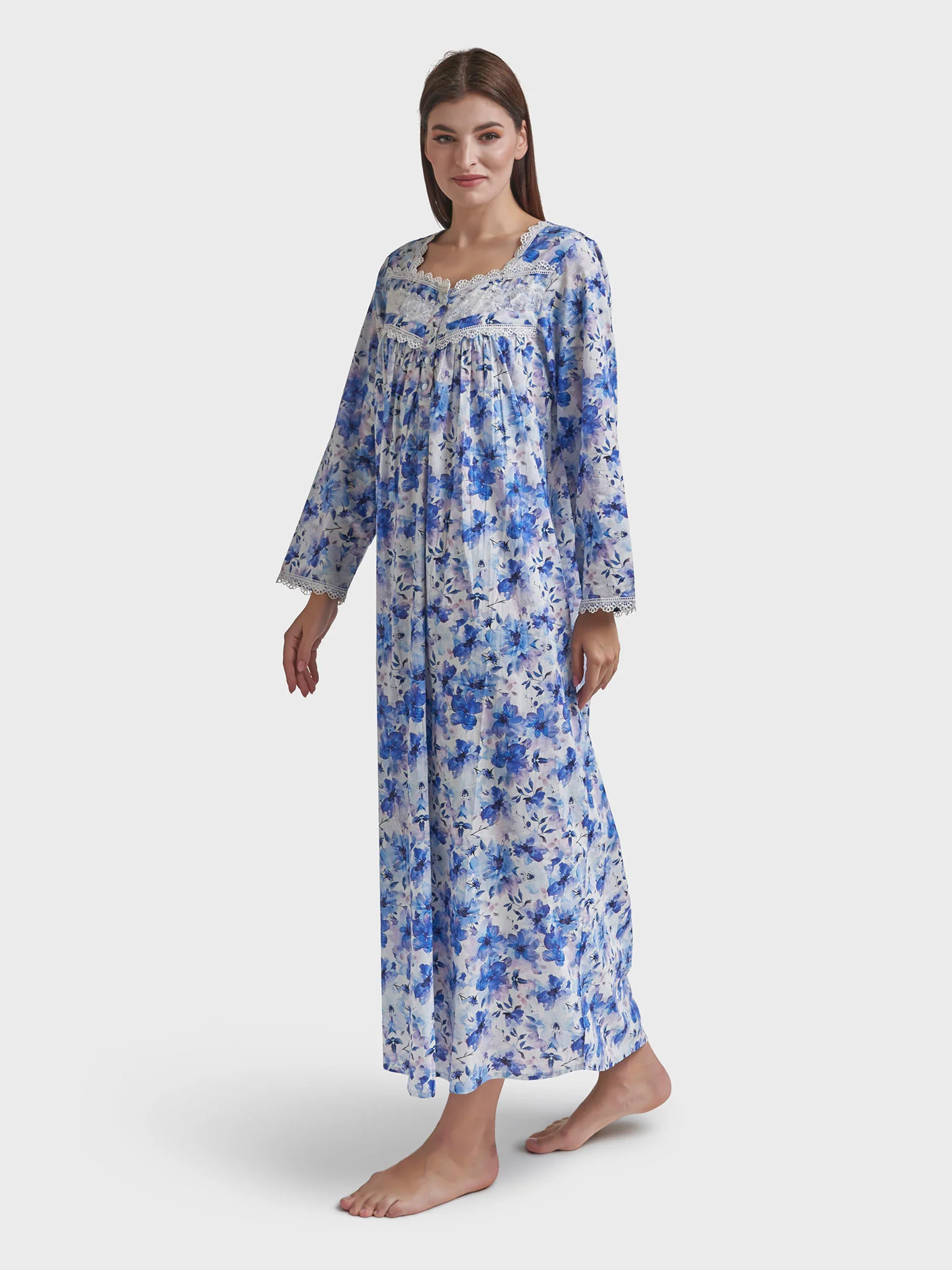 Ink Blue Liberty Cotton Floral Print Long Nightwear Dress (REM3100) - Image 3