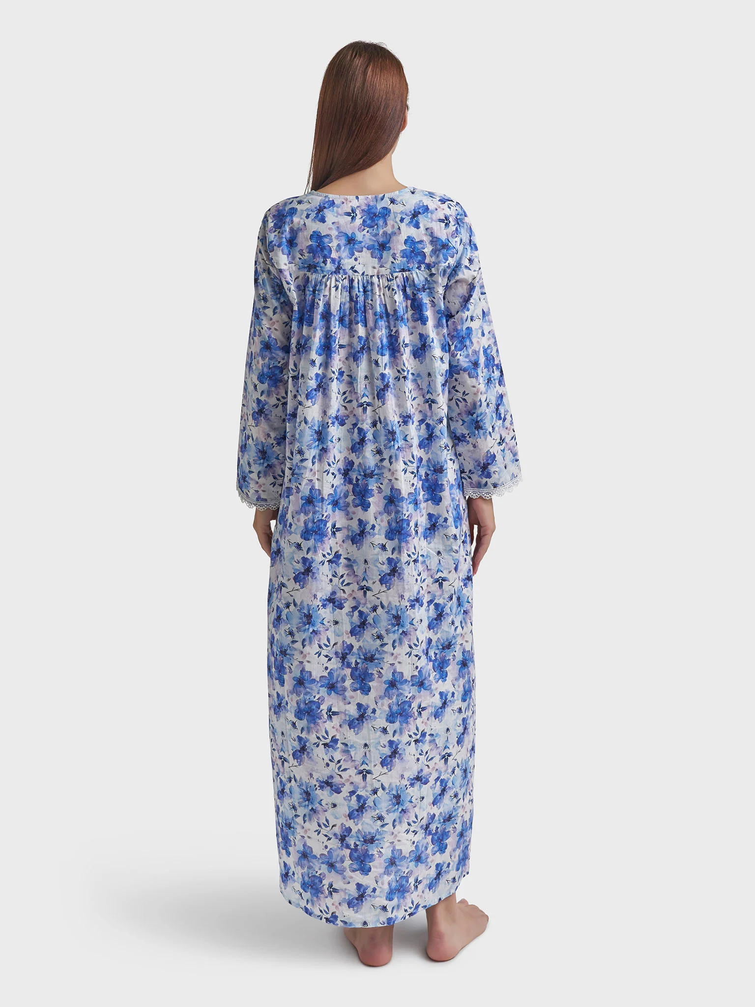 Ink Blue Liberty Cotton Floral Print Long Nightwear Dress (REM3100) - Image 4