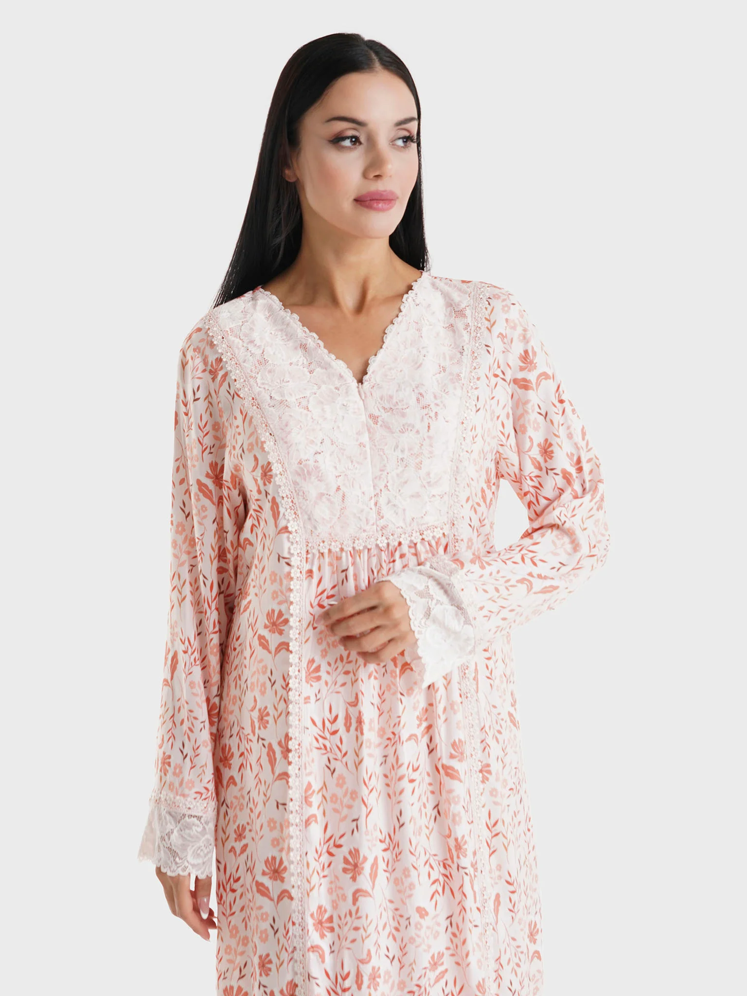 Baby Pink Floral Printed Rayon Lace Work Nightwear (REM3108)