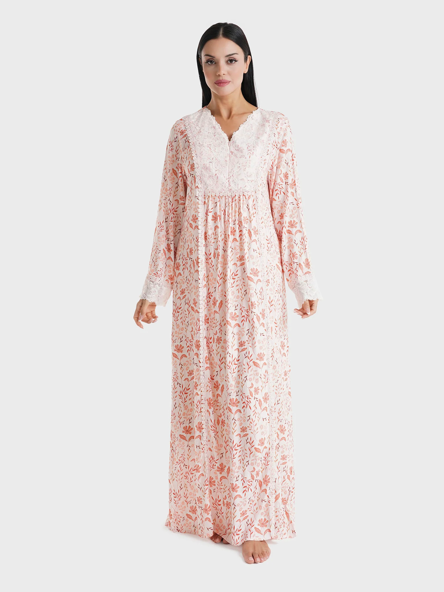Baby Pink Floral Printed Rayon Lace Work Nightwear (REM3108) - Image 2