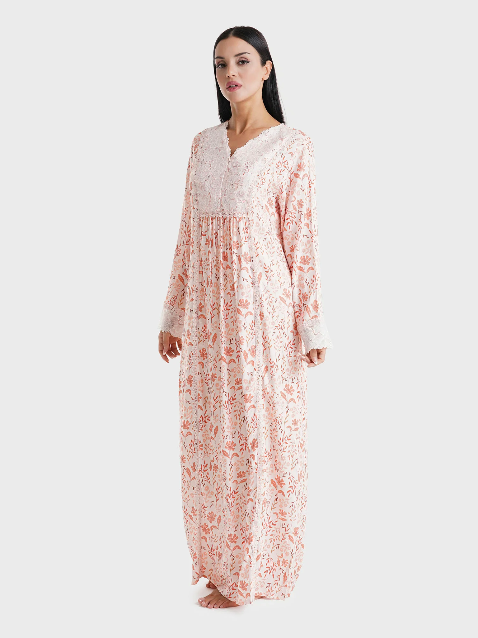 Baby Pink Floral Printed Rayon Lace Work Nightwear (REM3108) - Image 3