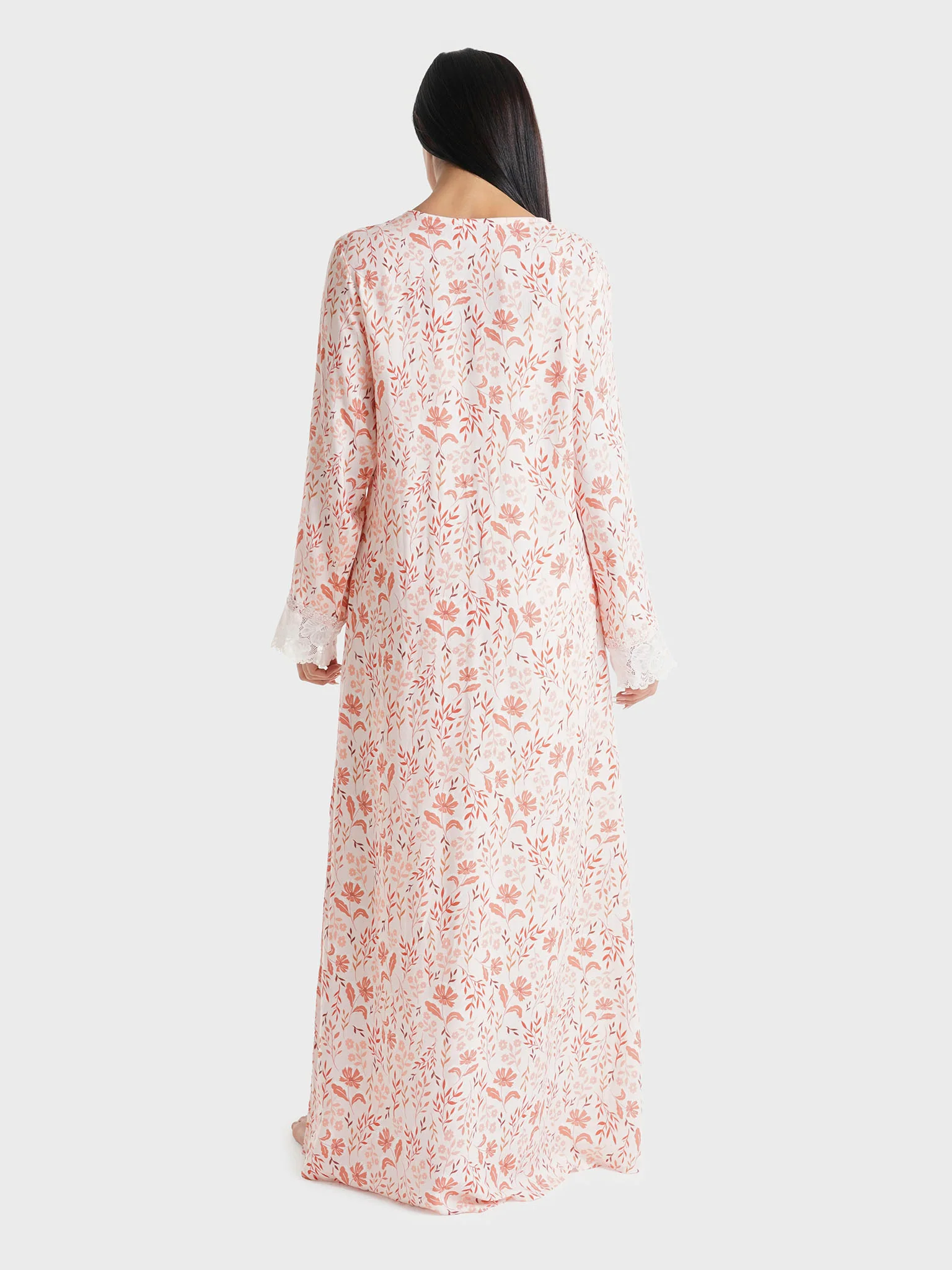 Baby Pink Floral Printed Rayon Lace Work Nightwear (REM3108) - Image 4