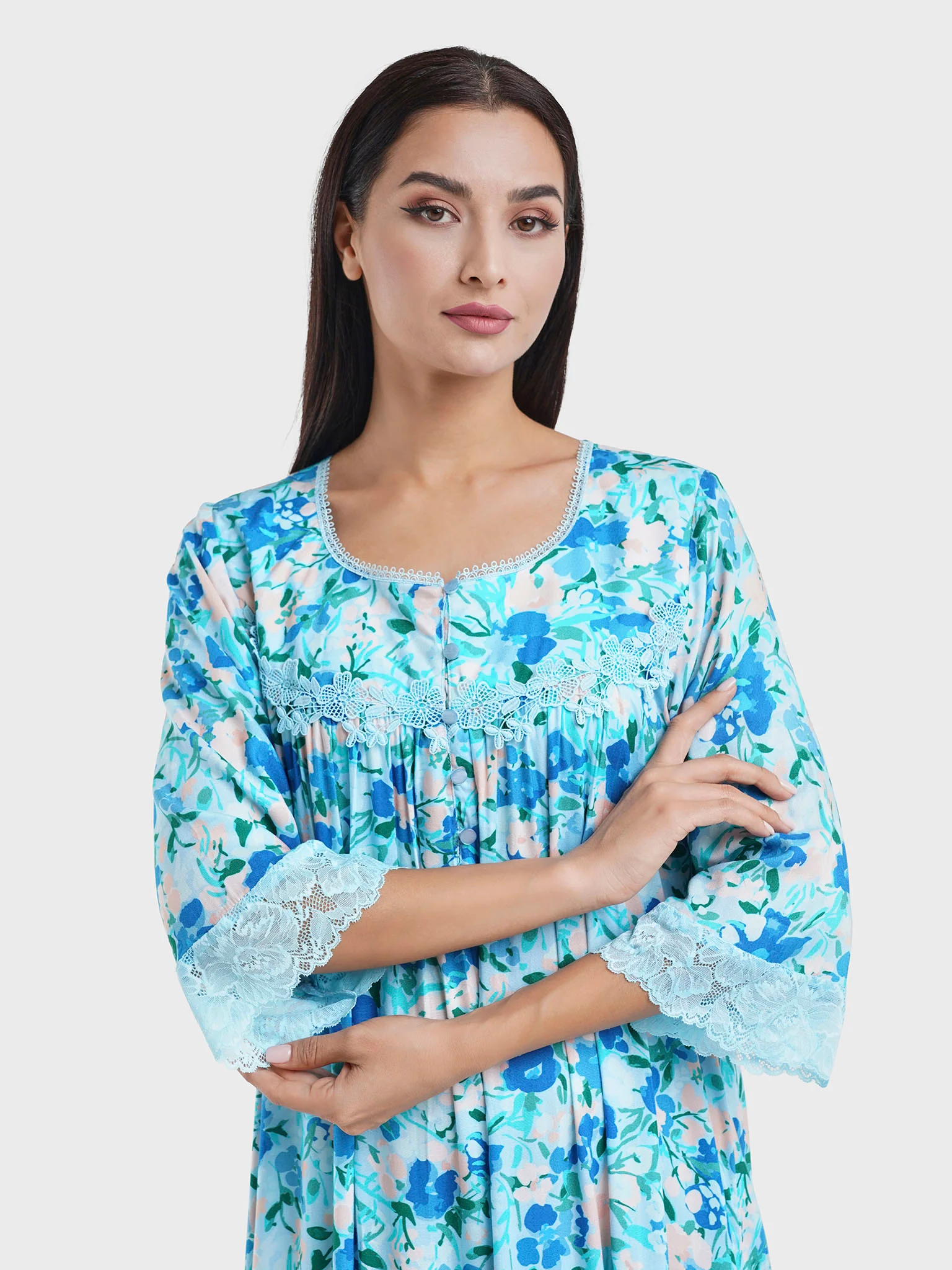 Blue Viscose Floral Print Nightwear with Lace Work (REM3112)