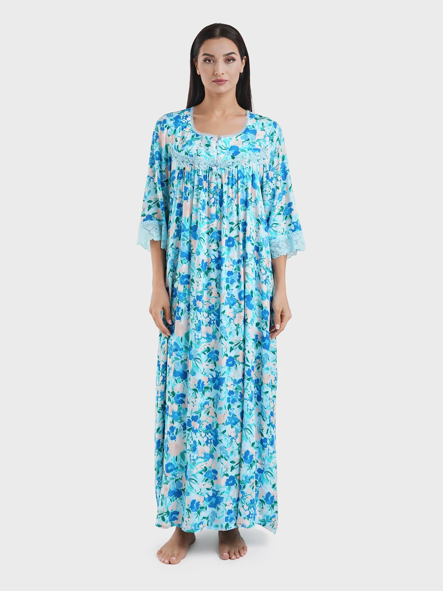 Blue Viscose Floral Print Nightwear with Lace Work (REM3112) - Image 2