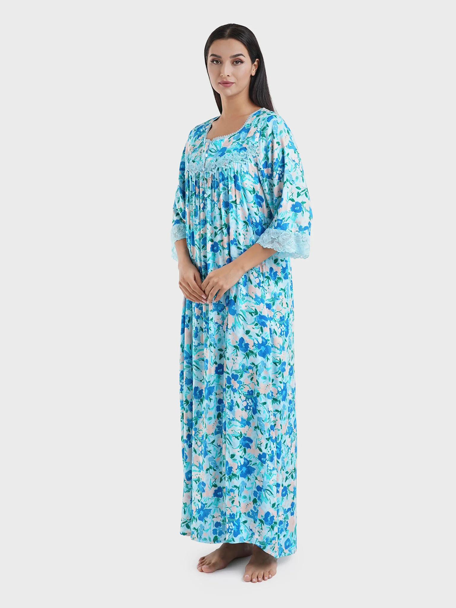 Blue Viscose Floral Print Nightwear with Lace Work (REM3112) - Image 3