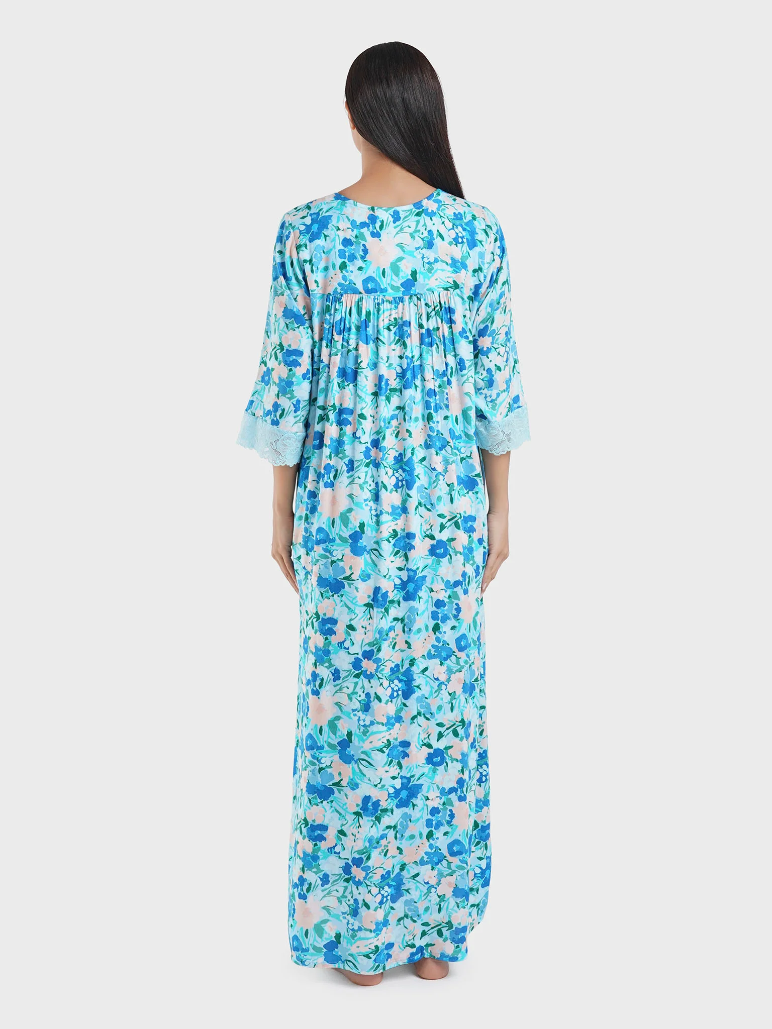 Blue Viscose Floral Print Nightwear with Lace Work (REM3112) - Image 4