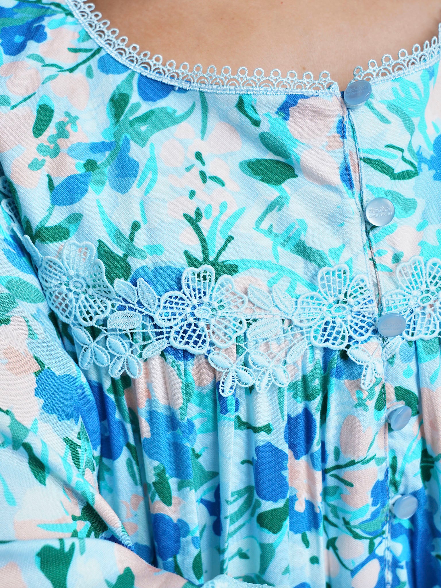 Blue Viscose Floral Print Nightwear with Lace Work (REM3112) - Image 5