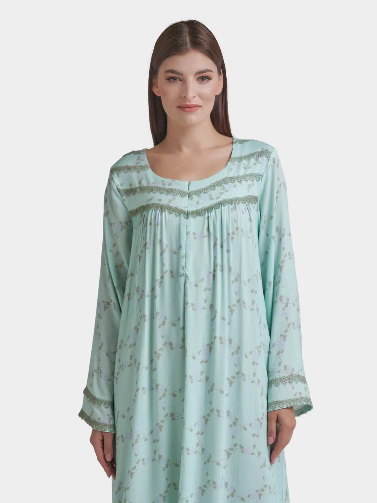 Mint Green Rayon Vine Print Long Nightwear Dress (VPN52)