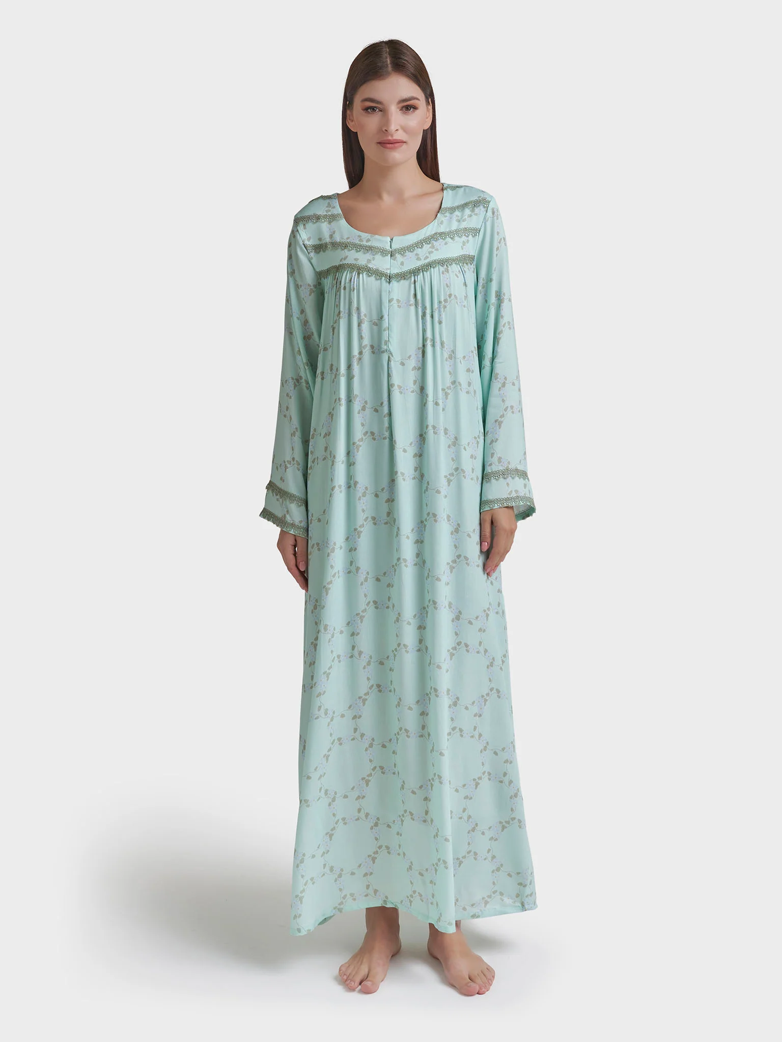 Mint Green Rayon Vine Print Long Nightwear Dress (VPN52) - Image 2