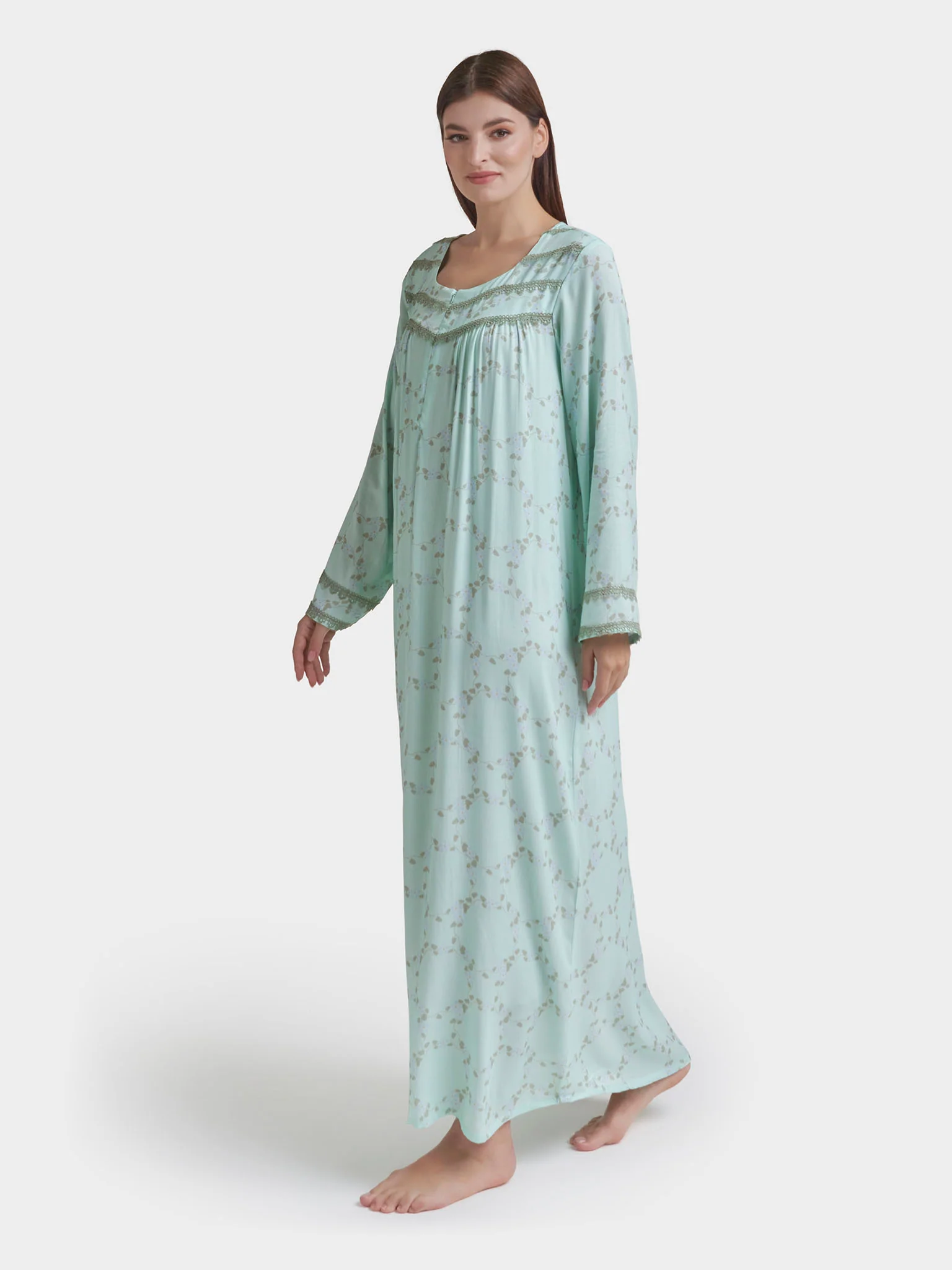 Mint Green Rayon Vine Print Long Nightwear Dress (VPN52) - Image 3