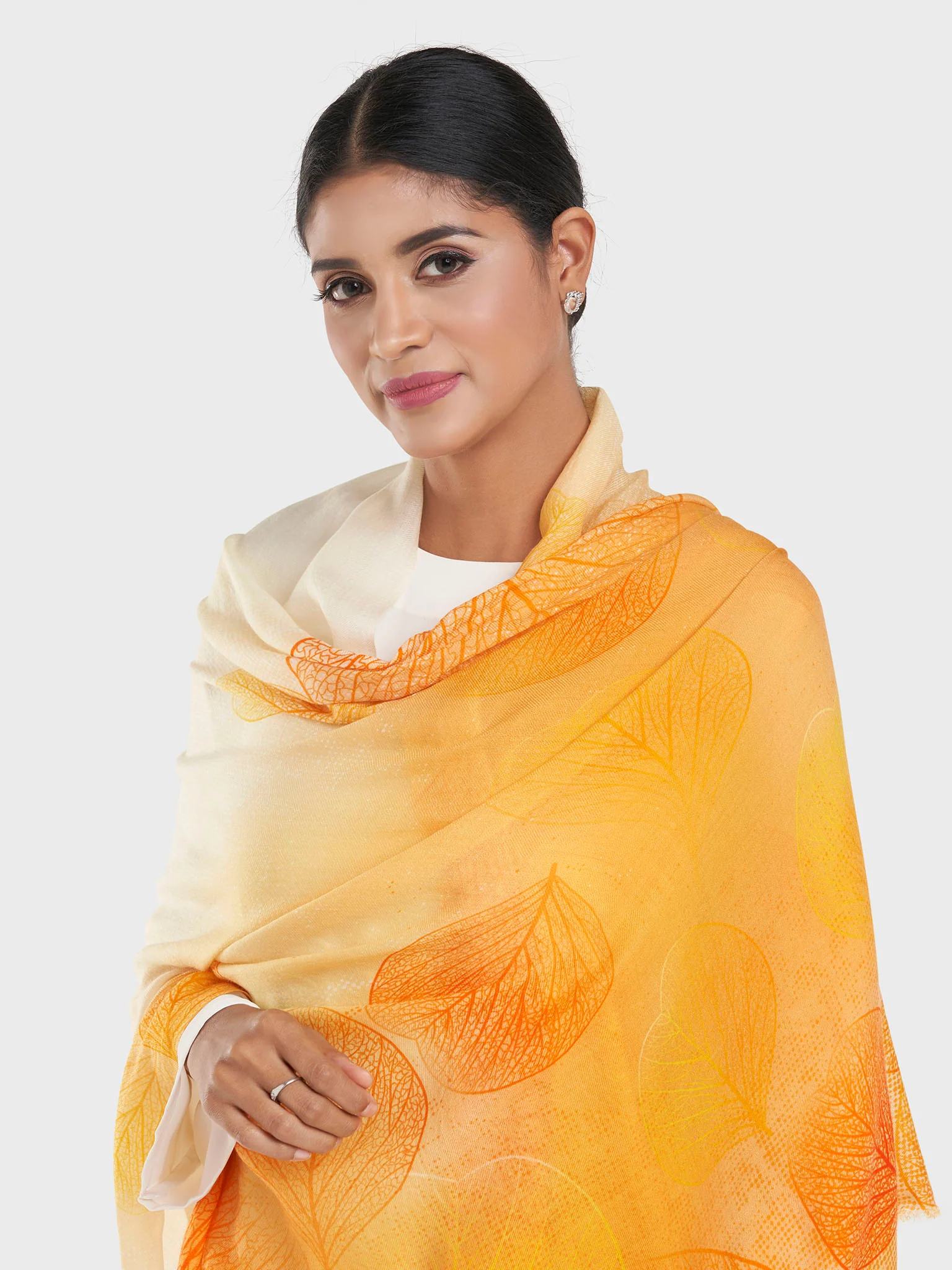 Leaf Print Shaded Camel Wool Shawl (KGC016)