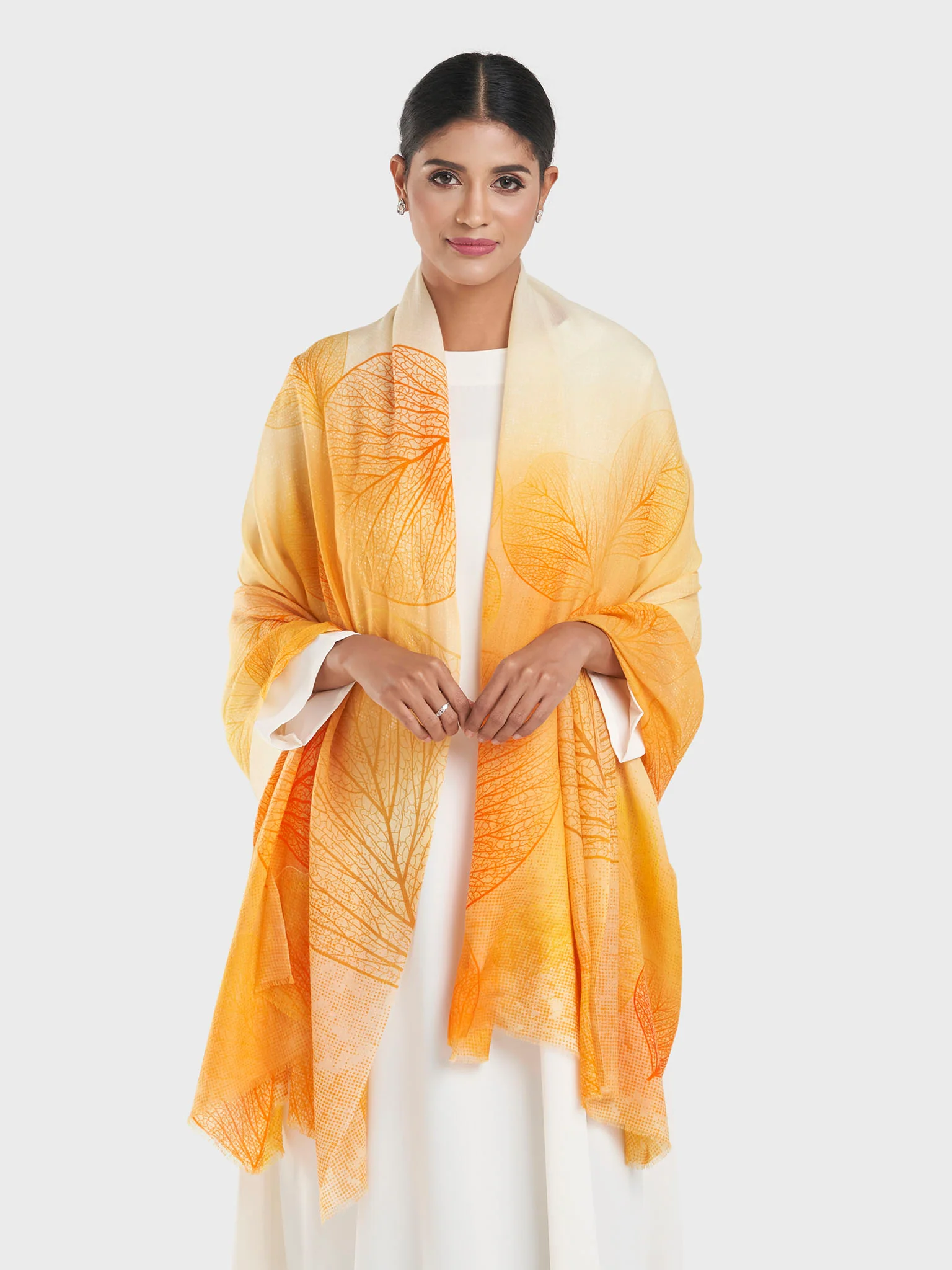 Leaf Print Shaded Camel Wool Shawl (KGC016) - Image 2
