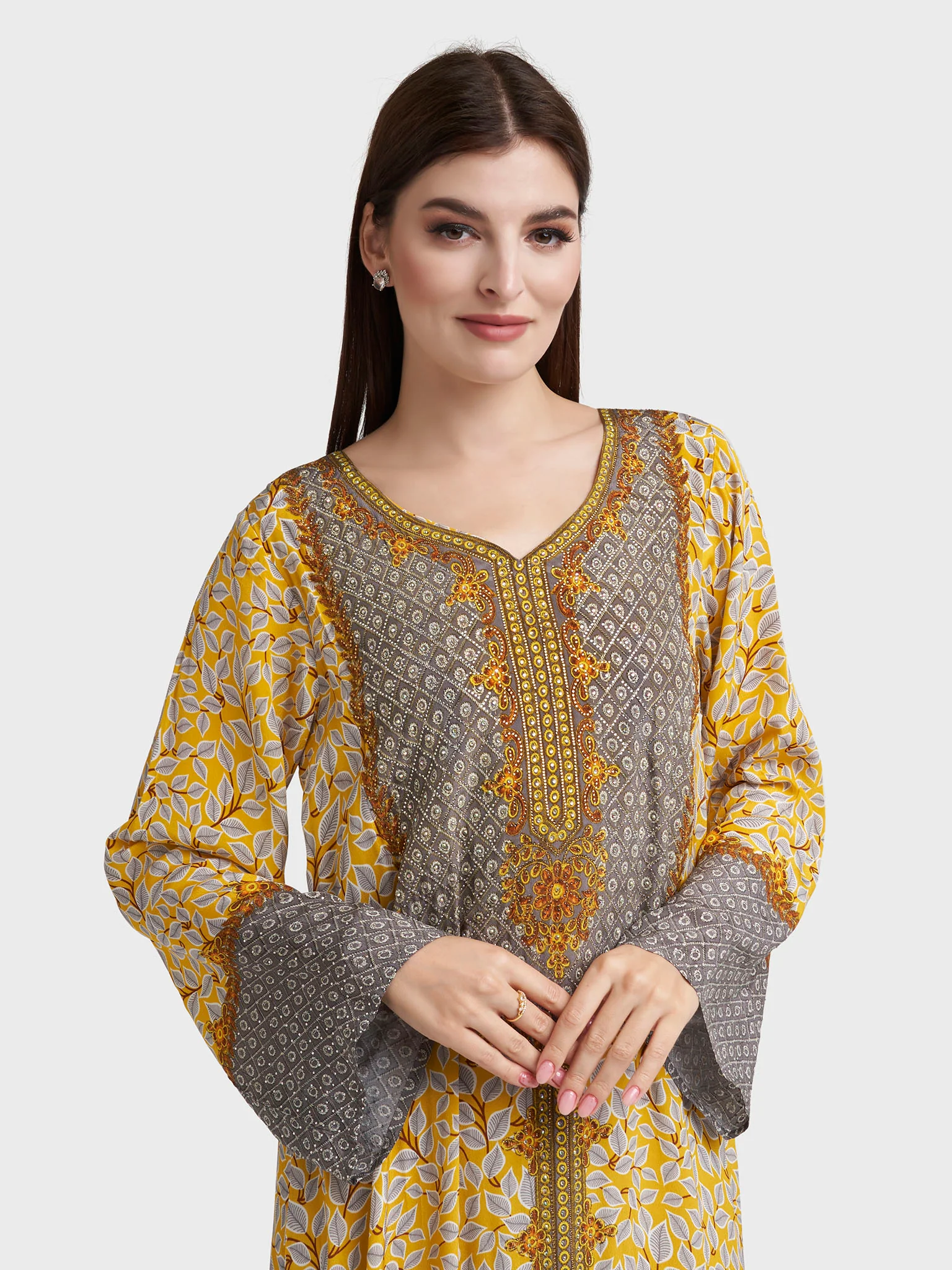Mustard Viscose Crepe Leaf Print Stonework Jalabiya (VDC104)