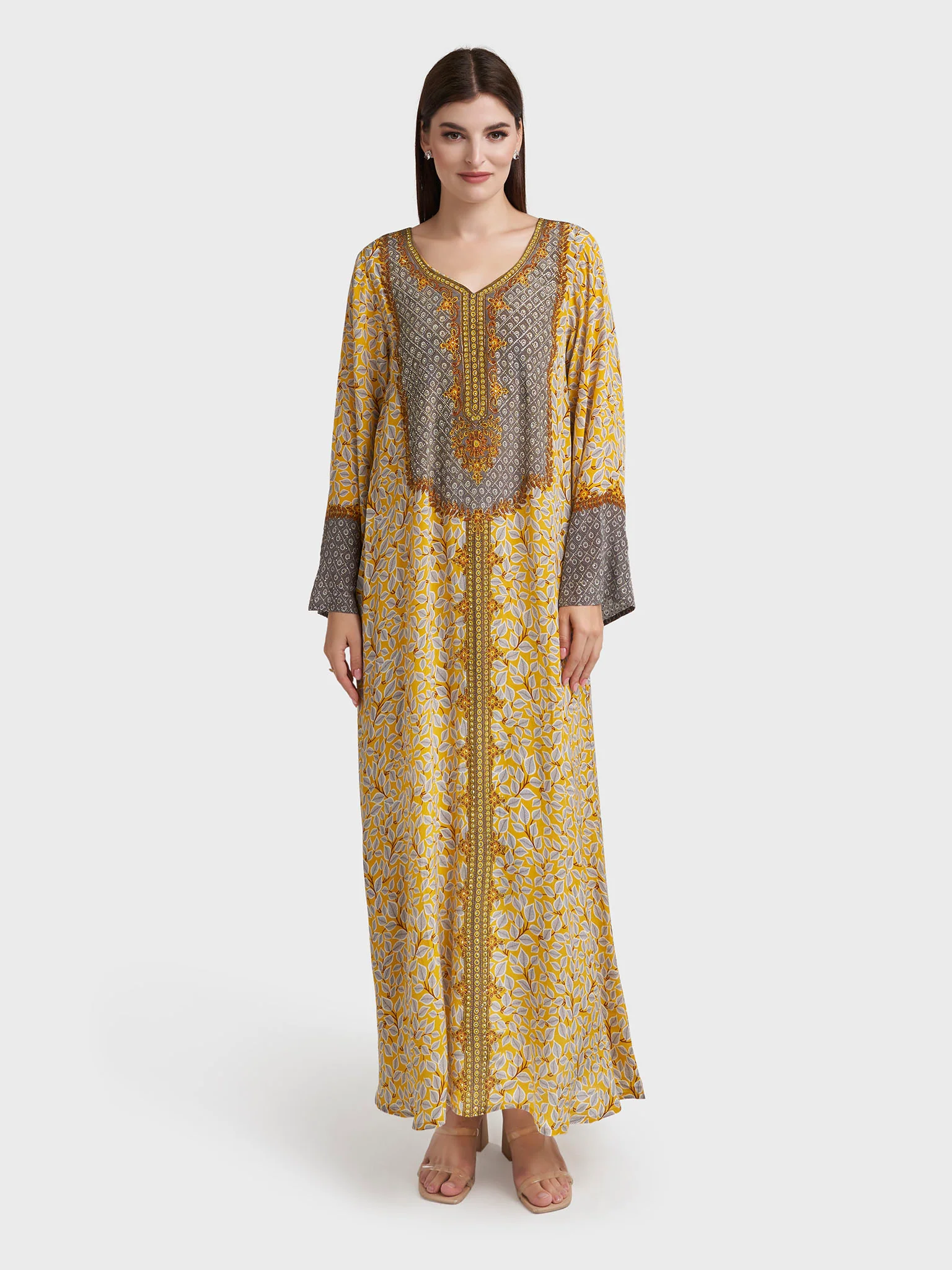 Mustard Viscose Crepe Leaf Print Stonework Jalabiya (VDC104) - Image 2