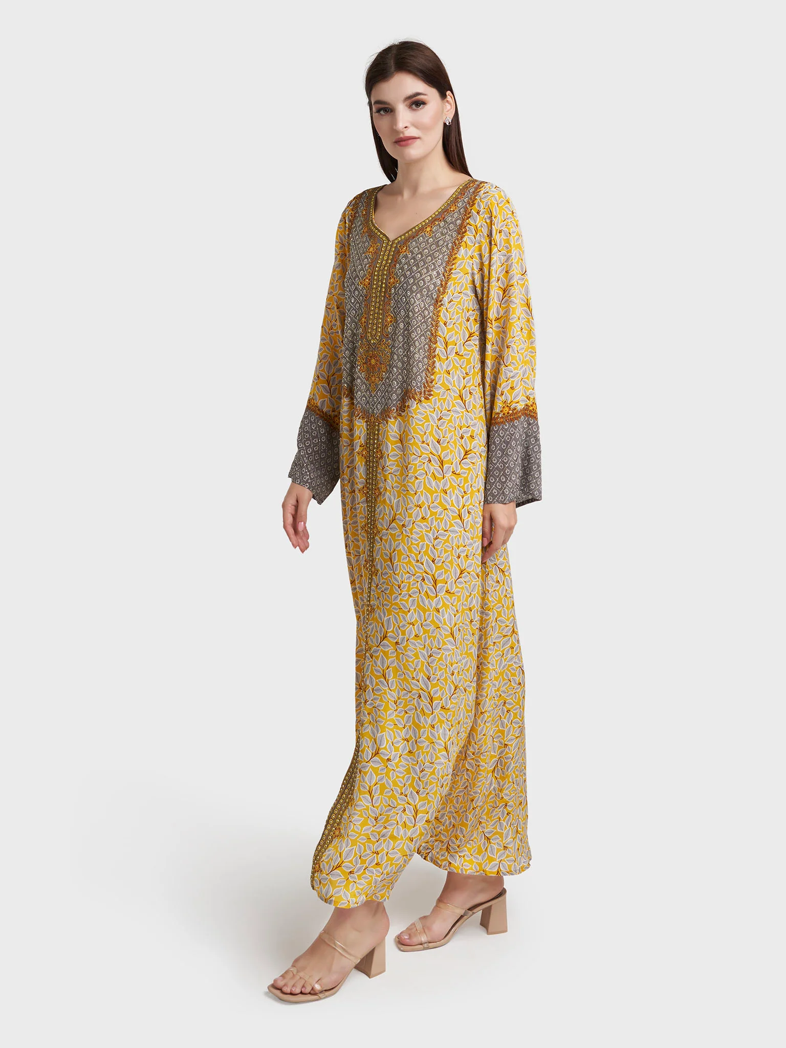 Mustard Viscose Crepe Leaf Print Stonework Jalabiya (VDC104) - Image 3