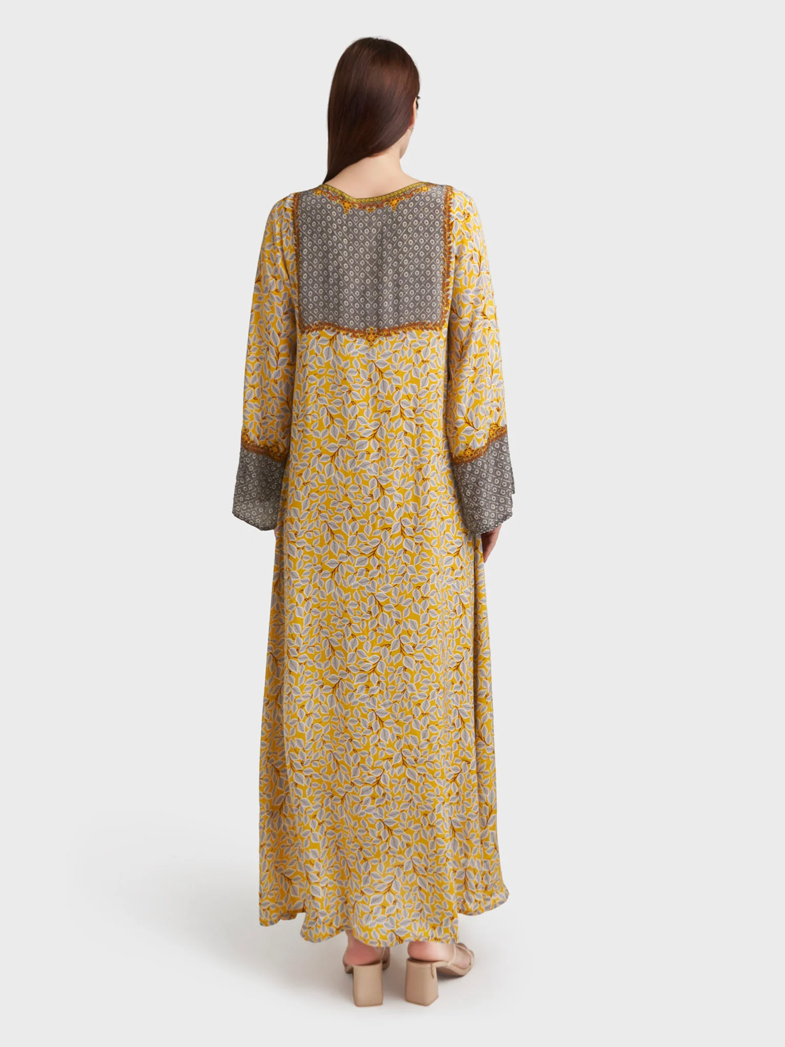Mustard Viscose Crepe Leaf Print Stonework Jalabiya (VDC104) - Image 4