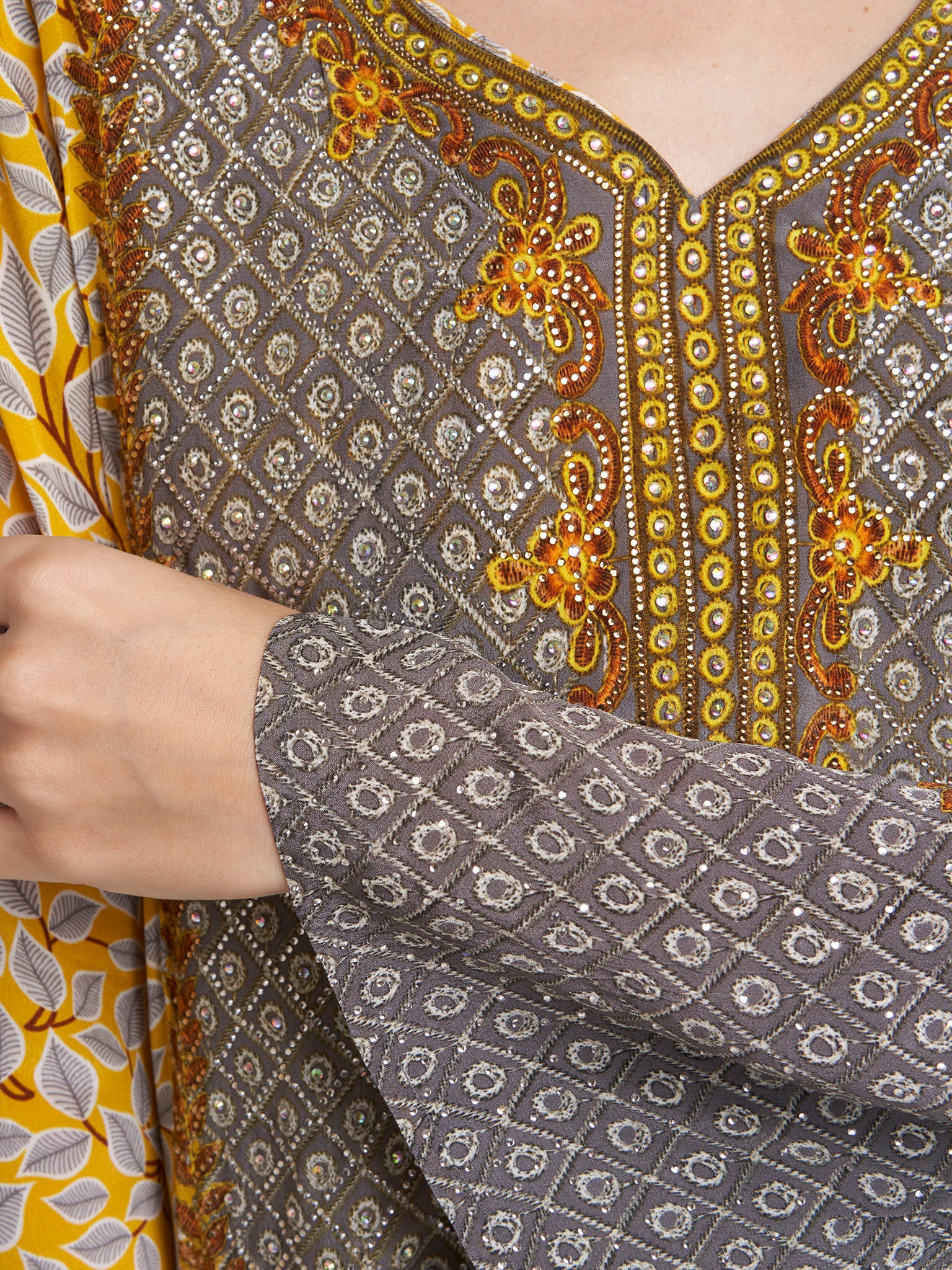 Mustard Viscose Crepe Leaf Print Stonework Jalabiya (VDC104) - Image 5