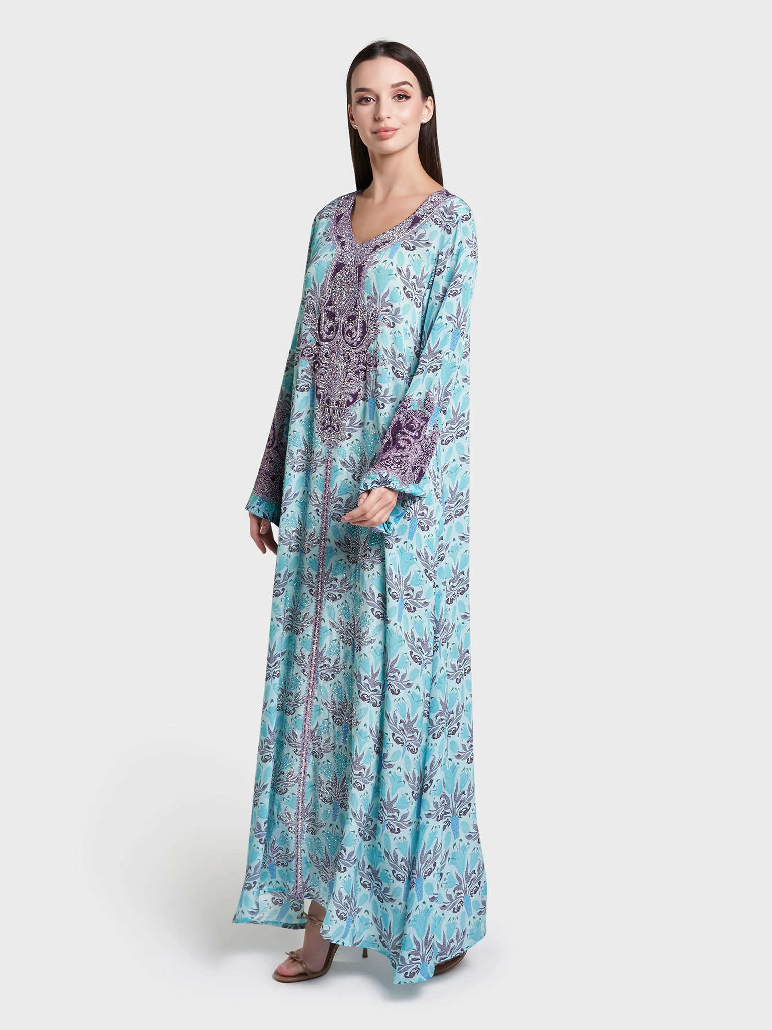 Aqua Green Floral Print Stone Work Viscose Crepe Jalabiya (VDC131) - Image 3