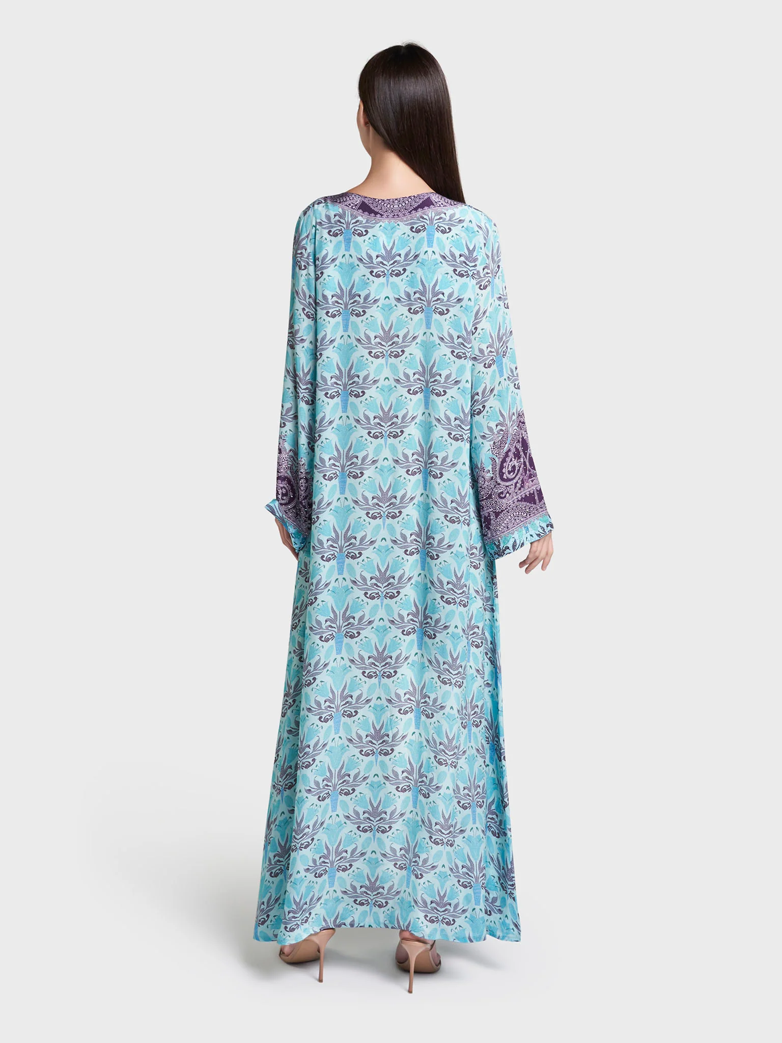 Aqua Green Floral Print Stone Work Viscose Crepe Jalabiya (VDC131) - Image 4