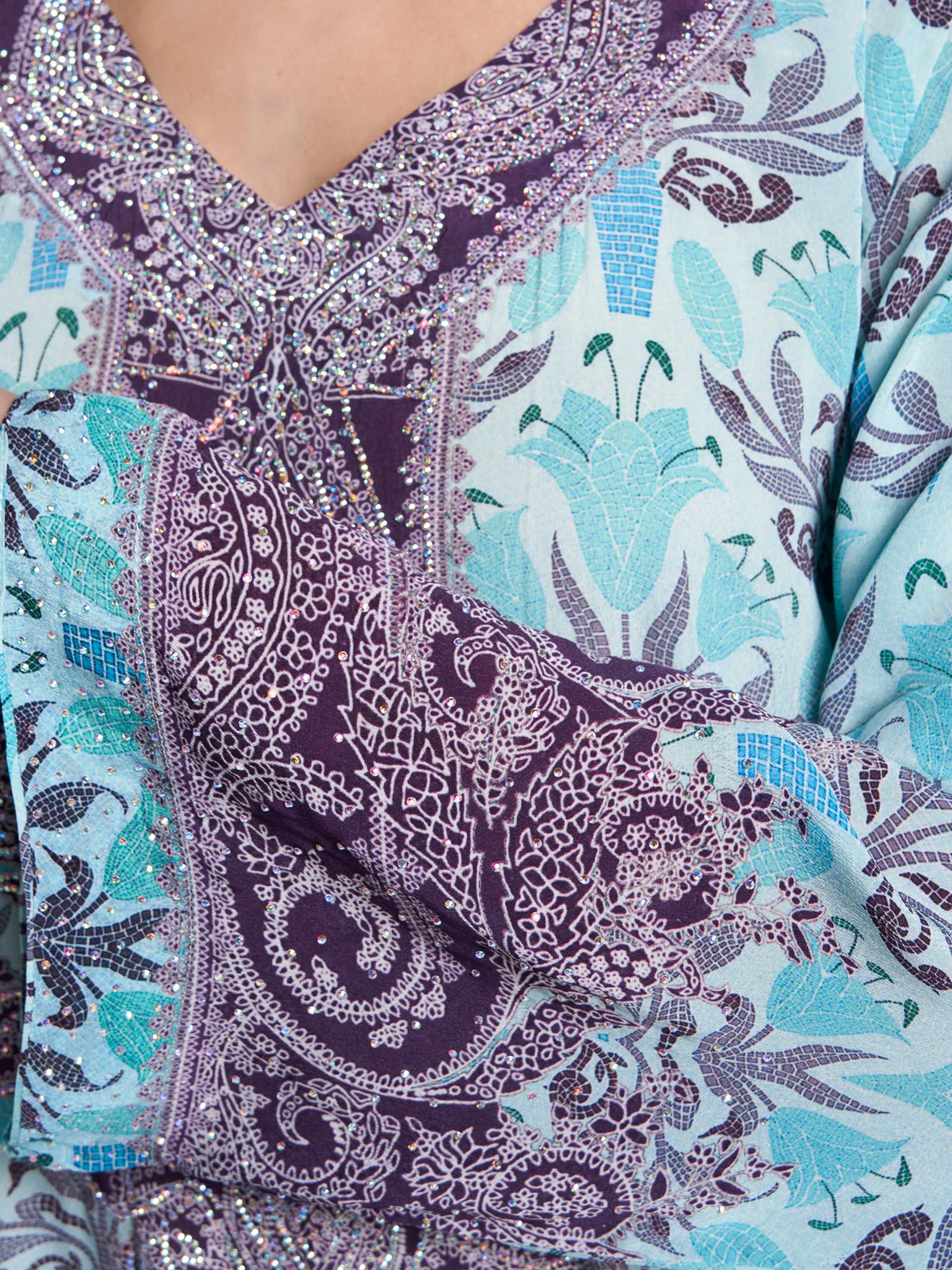 Aqua Green Floral Print Stone Work Viscose Crepe Jalabiya (VDC131) - Image 5