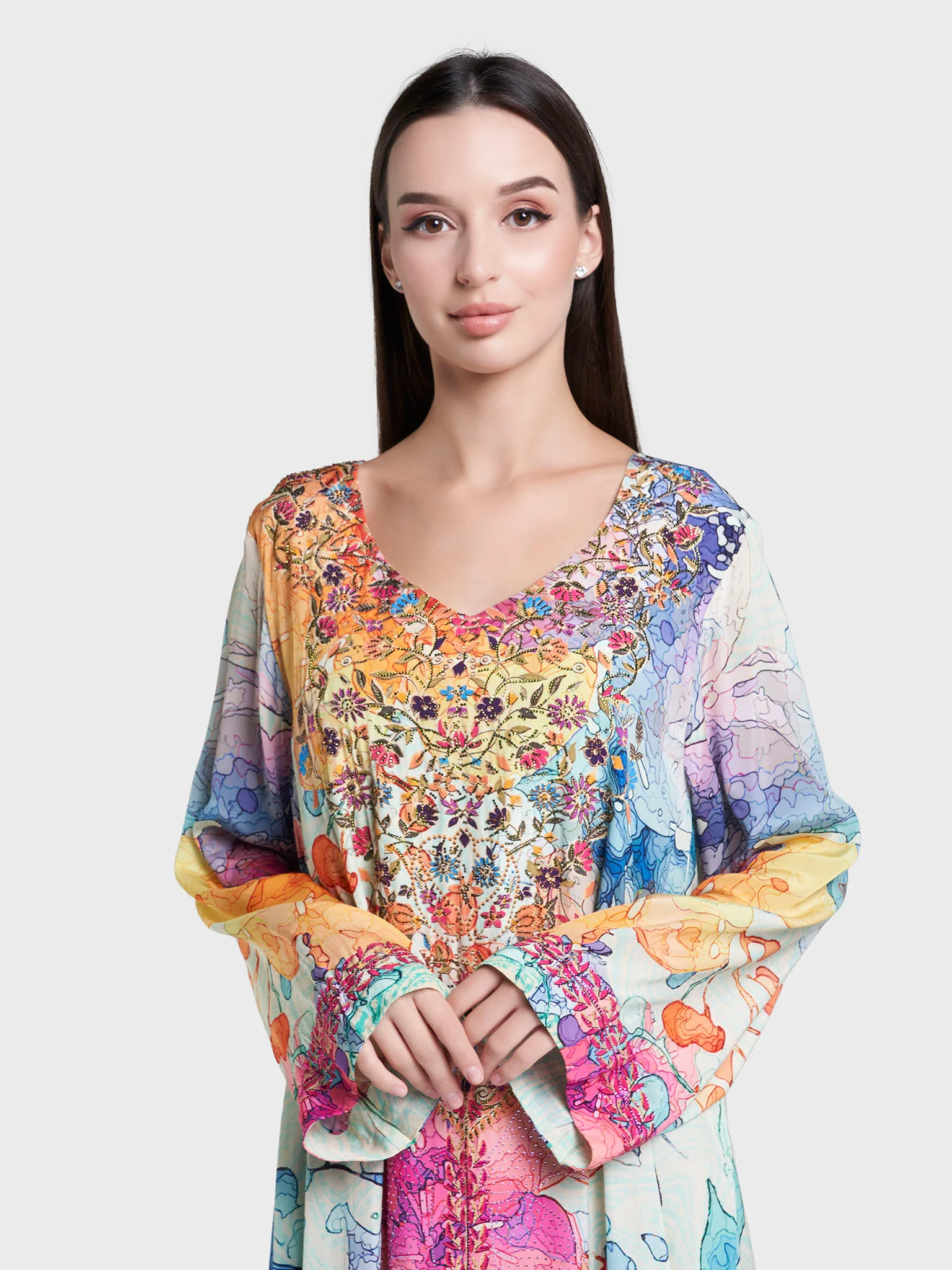 Multi Floral Print Stone Work Viscose Crepe Jalabiya (VDC139)