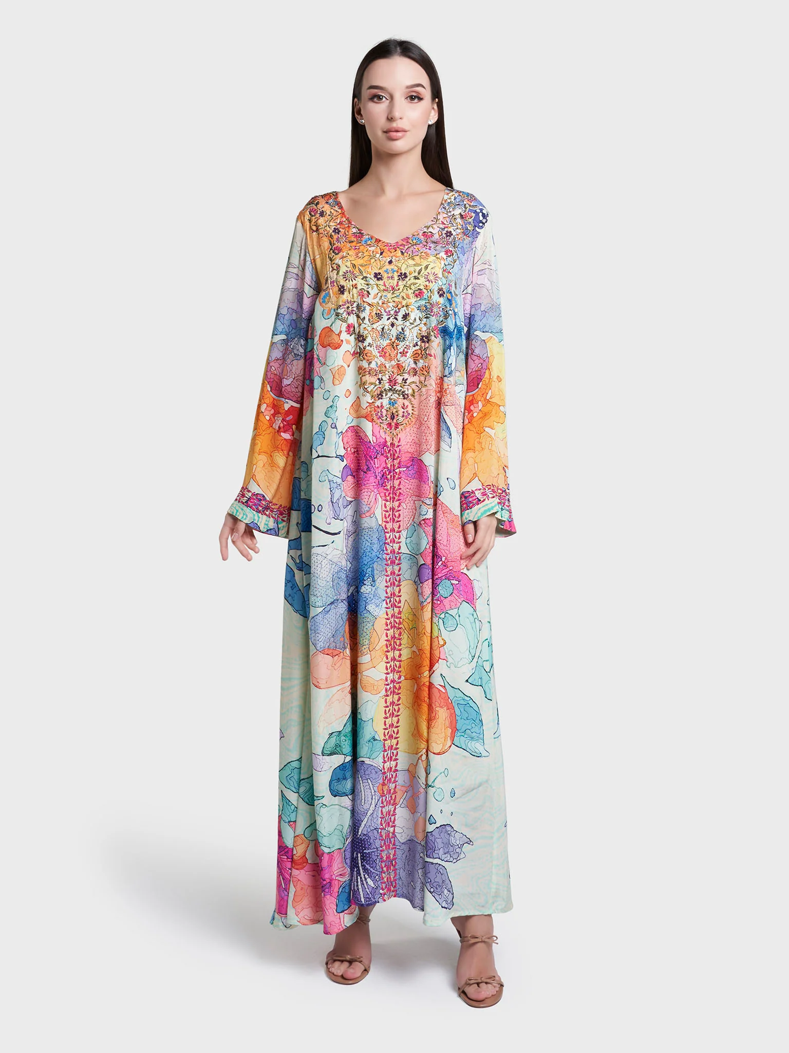 Multi Floral Print Stone Work Viscose Crepe Jalabiya (VDC139) - Image 2