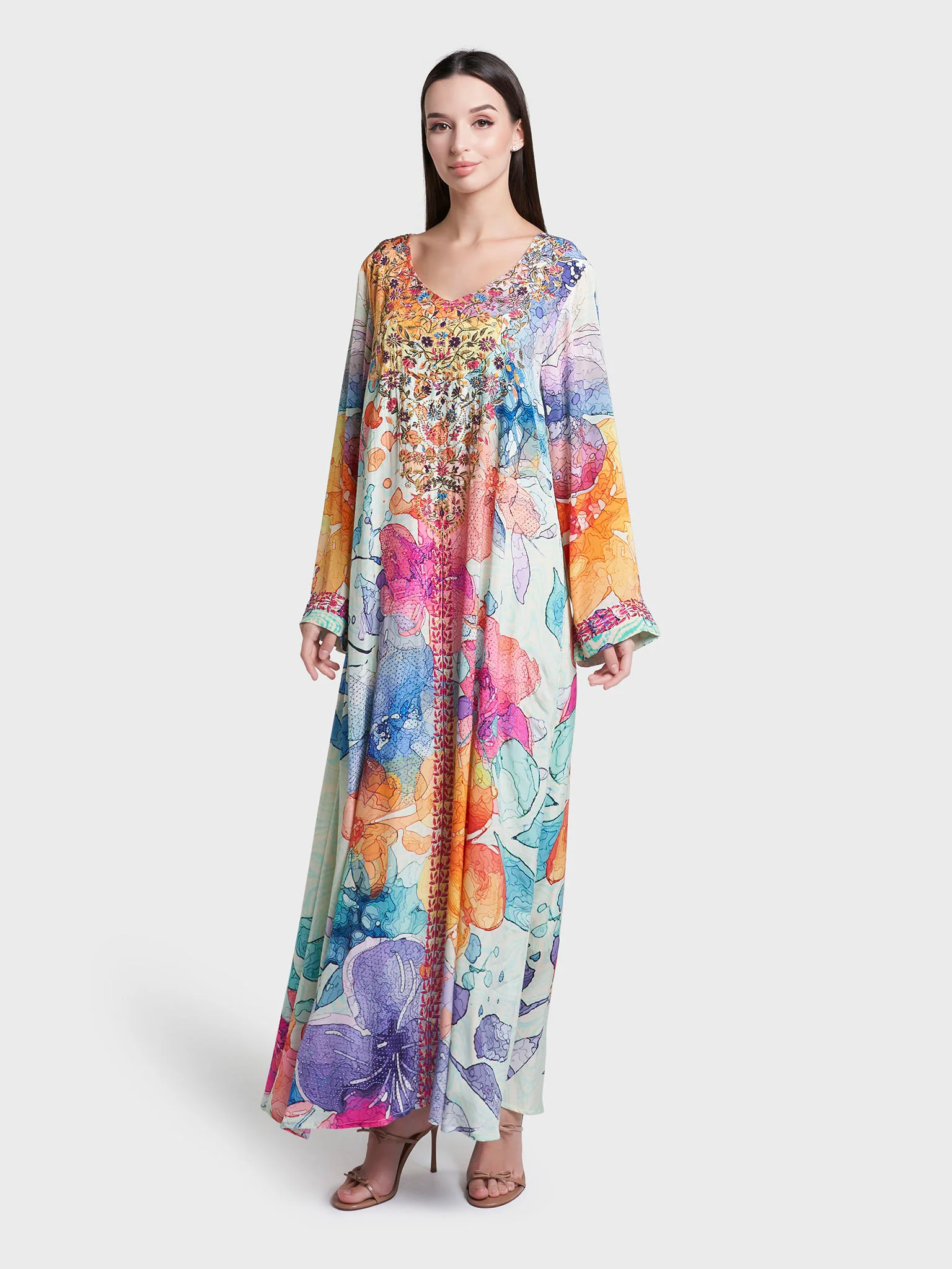 Multi Floral Print Stone Work Viscose Crepe Jalabiya (VDC139) - Image 3