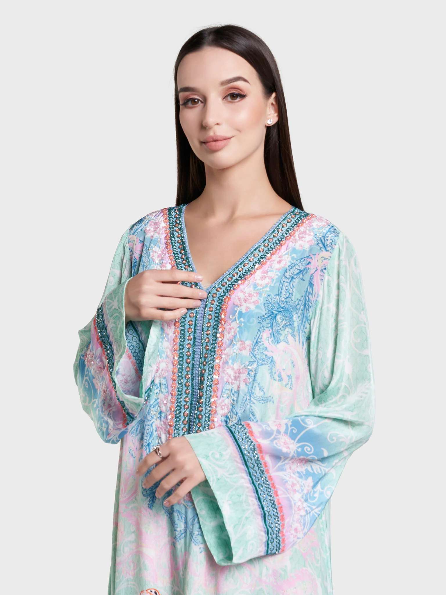 Mint Green Paisley Print Hand Work Viscose Crepe Jalabiya (VDC83)